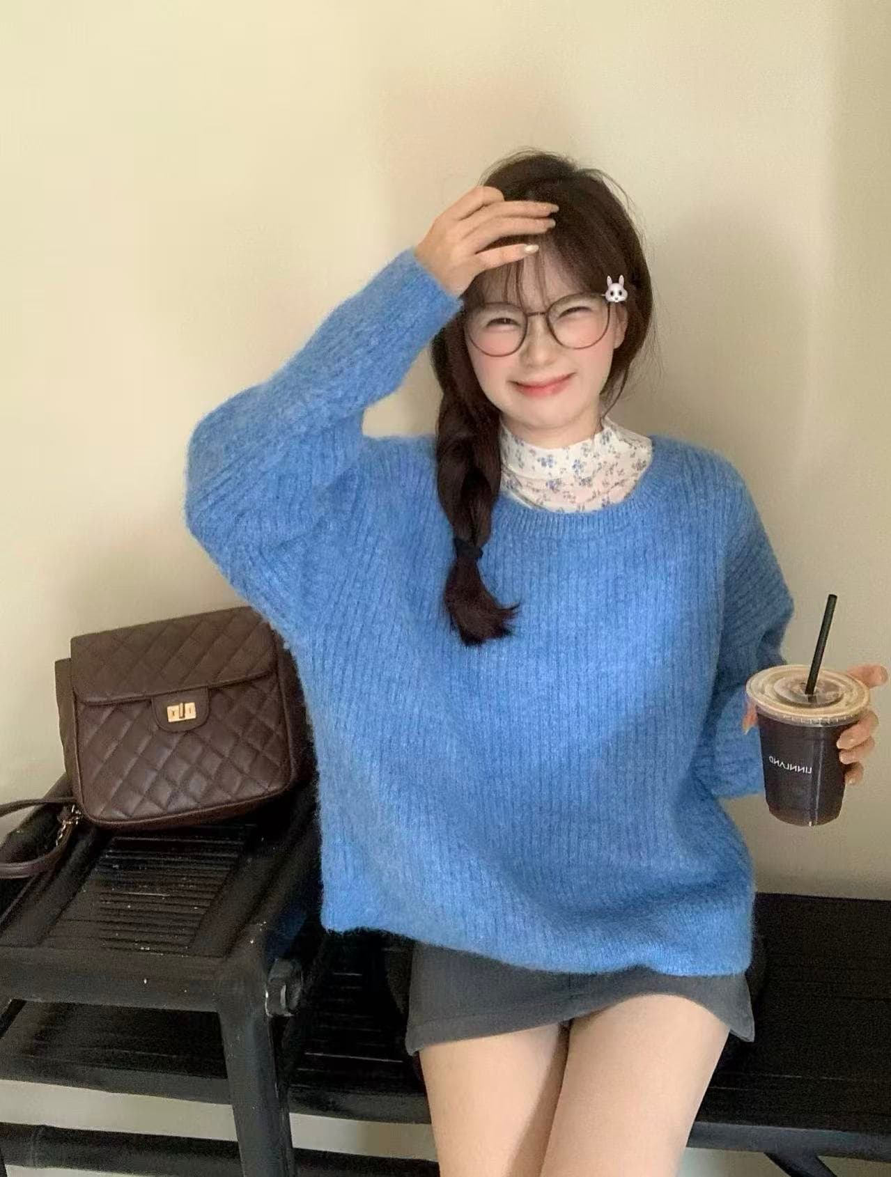 실사 정가 미니멀리즘 일상 니트 라운드 넥 스웨터 꽃무늬 만나는 여성 가을 겨울 상세 이미지 4