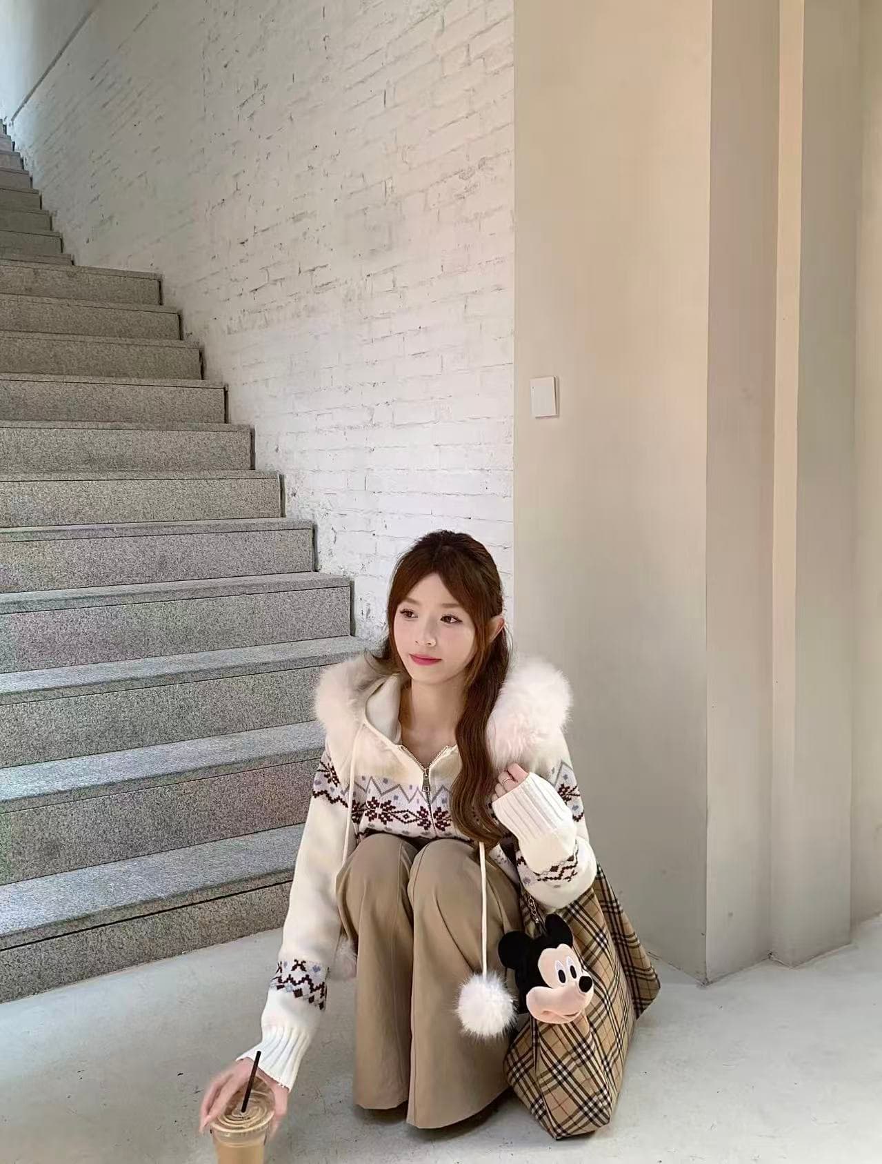 실사 정가 공정한 섬 모피 칼라 후드 니트 오픈 가디건 여성 가을 겨울 한 부서 작은 대중 보온 다용도 짧은 외투 상세 이미지 5