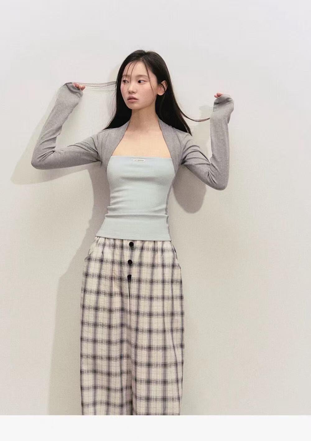 한 부서 배색 어깨 튜브탑 페이크 레이어드 긴팔 5 가지 색상 느슨함 센스 맨위 상세 이미지 2