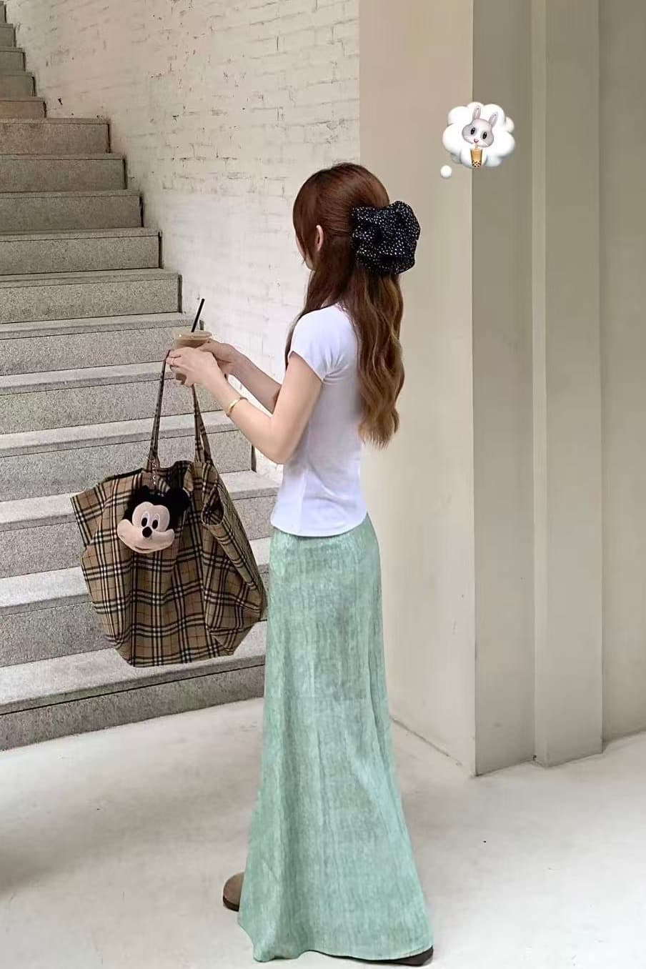 실사 정가 몸매 가꾸기 슬림해 보이는 긍정적 인 어깨 반팔 티셔츠 레트로 프린트 롱 스커트 레이스업 하이웨이스트 슬림해 보이는 반신 스커트 이미지 5