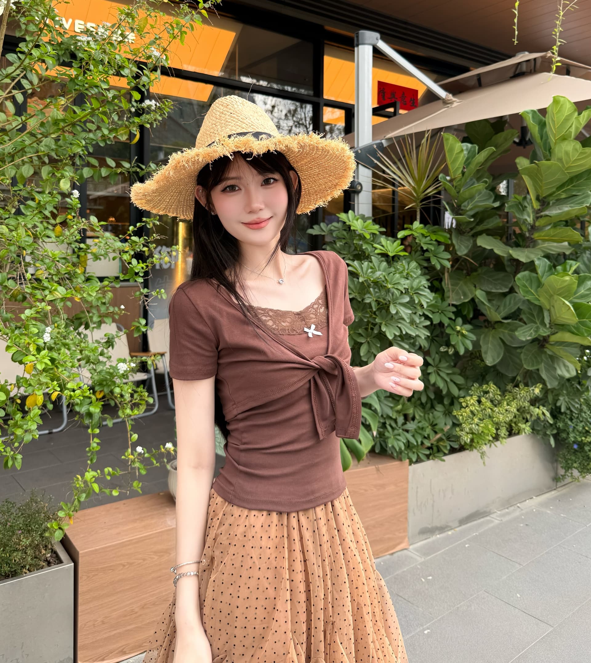 실사 정가 달콤한 매운맛 바람 레이스 측면 슬립 티셔츠 세트 여성 센스 도트 무늬 망사 퍼프 반신 스커트 여성 상세 이미지 1