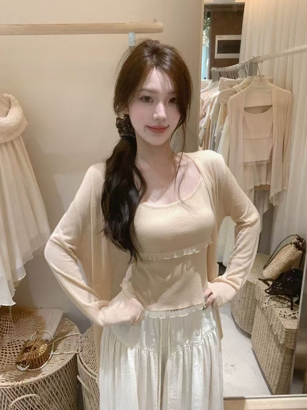 미니멀리즘 얇은 스타일 니트 오픈 가디건 여성 여름 인사이드 가져 가라. 몸매 가꾸기 캐미솔 투피스 세트 이미지 3
