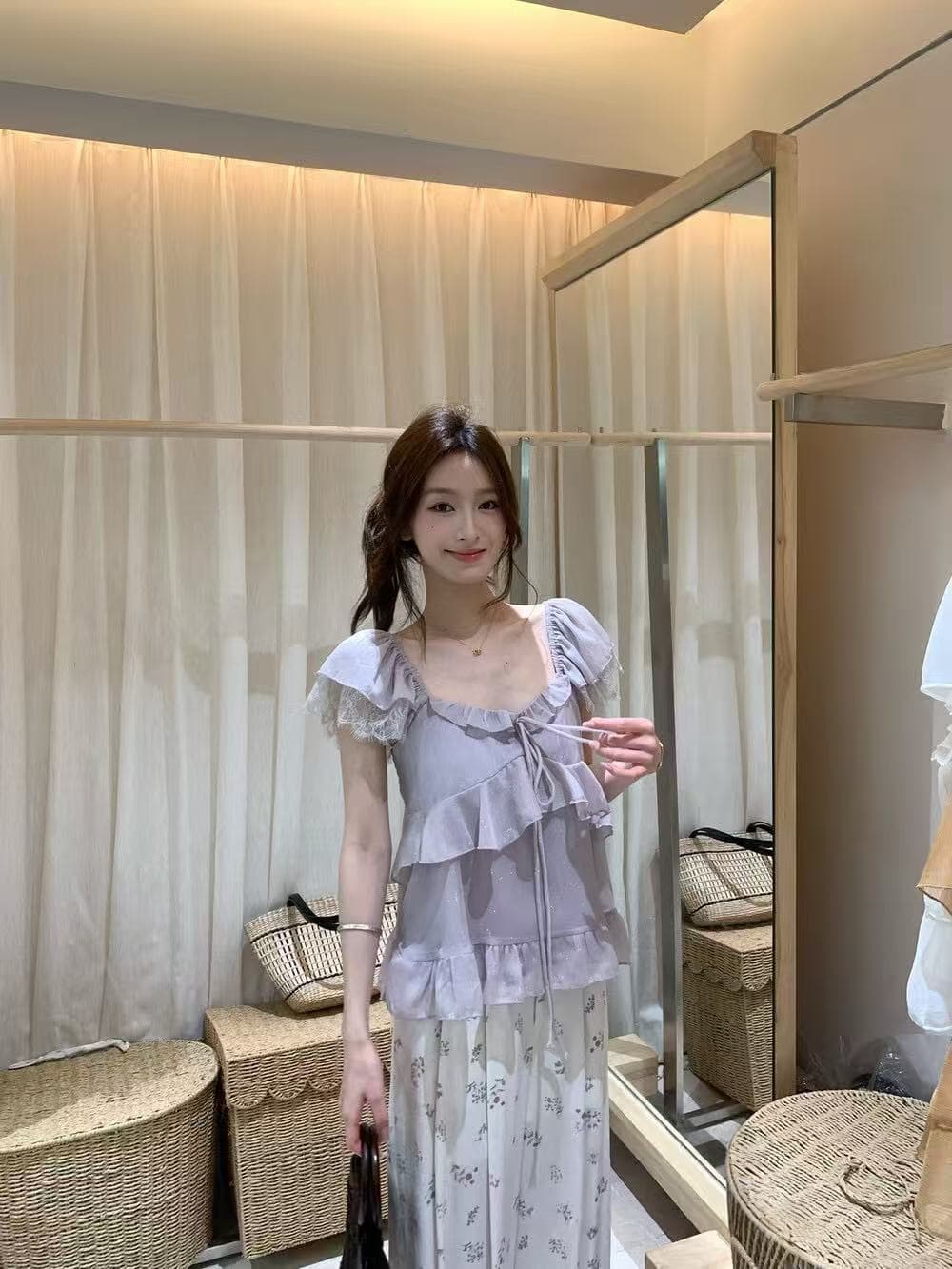 달콤한 스타일 보라색 프릴 Feifei 소매 작은 셔츠 루즈핏 얇은 스타일 셔츠 여성 의류 여름 한 부서 부드러운 바람 맨위 이미지 3