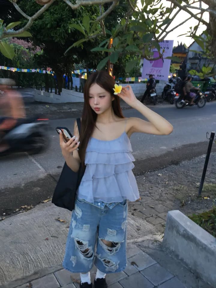 실사 정가 불규칙 프릴 캐미솔 여름 아름다운 착용 가져 가라. 루즈핏 슬림해 보이는 맨위 이미지 3