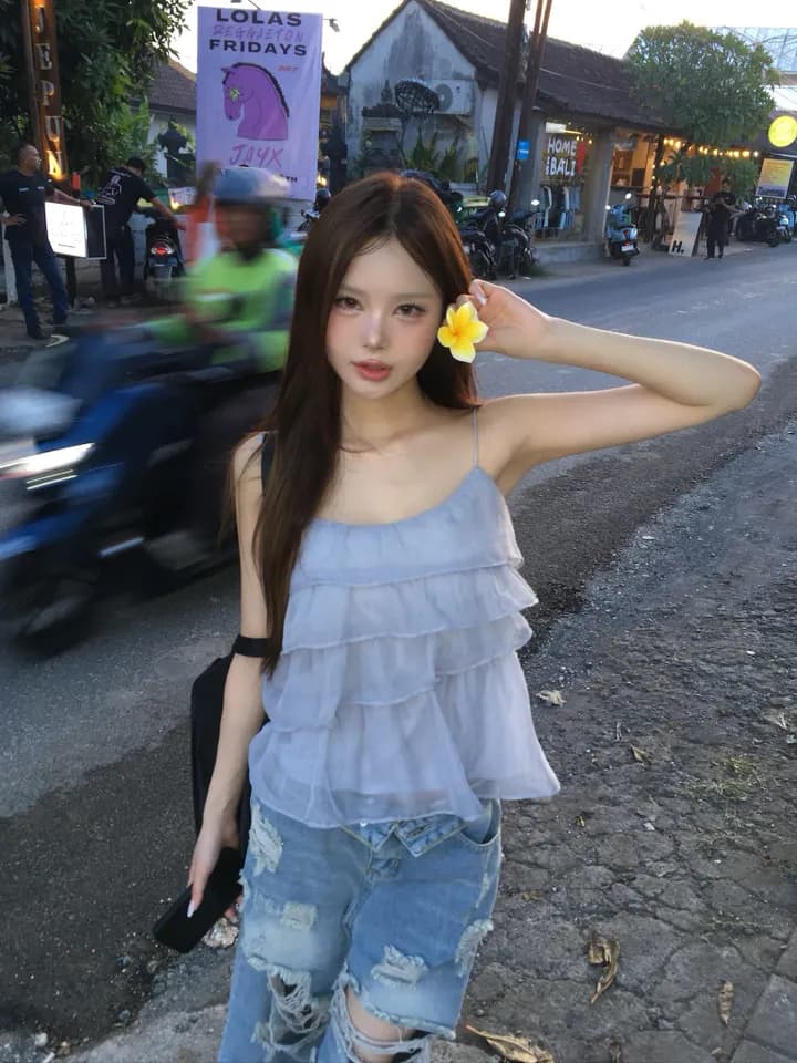 실사 정가 불규칙 프릴 캐미솔 여름 아름다운 착용 가져 가라. 루즈핏 슬림해 보이는 맨위 이미지 2