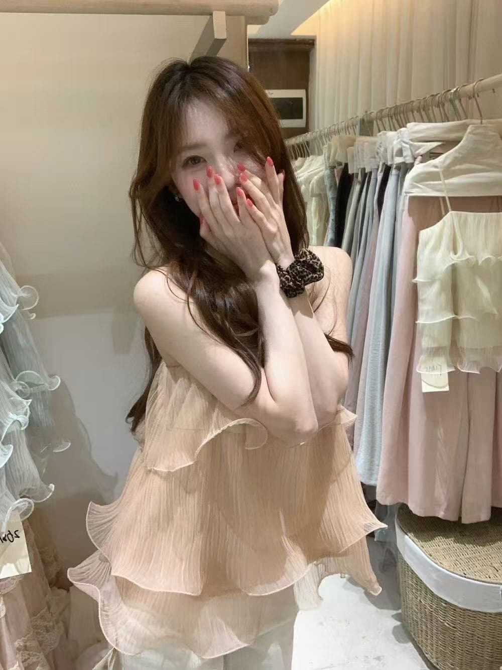 작은 청신 박하 녹색 층 프릴 작은 슬링 조끼 여성 여름 천 금빛 바람 분위기 센스 케이크 맨위 상세 이미지 4