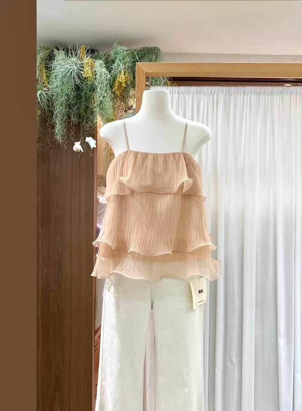작은 청신 박하 녹색 층 프릴 작은 슬링 조끼 여성 여름 천 금빛 바람 분위기 센스 케이크 맨위 상세 이미지 9