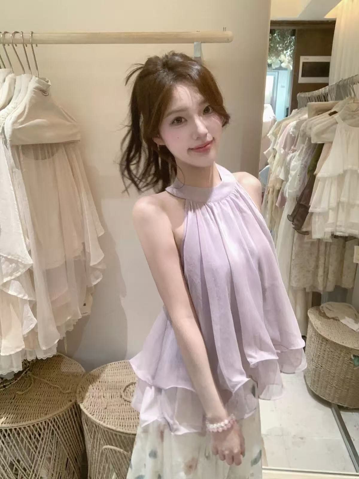 실사 정가 여름 한 부서 순수한 욕망 분위기 센스 프릴 행침 목 작은 셔츠 민소매 백리스 맨위 상세 이미지 5