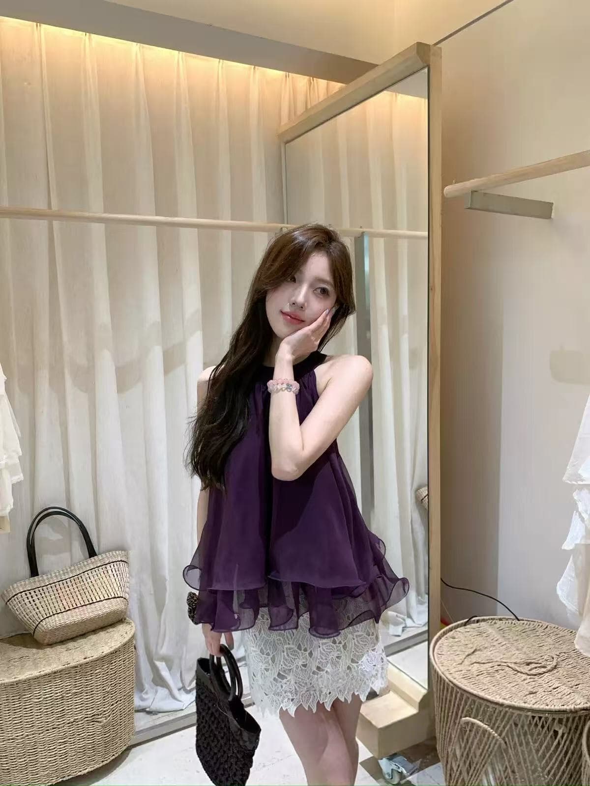 실사 정가 여름 한 부서 순수한 욕망 분위기 센스 프릴 행침 목 작은 셔츠 민소매 백리스 맨위 상세 이미지 12