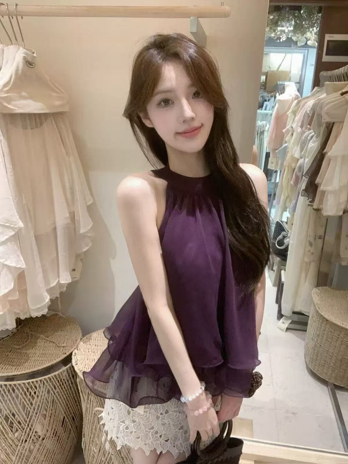 실사 정가 여름 한 부서 순수한 욕망 분위기 센스 프릴 행침 목 작은 셔츠 민소매 백리스 맨위 상세 이미지 14