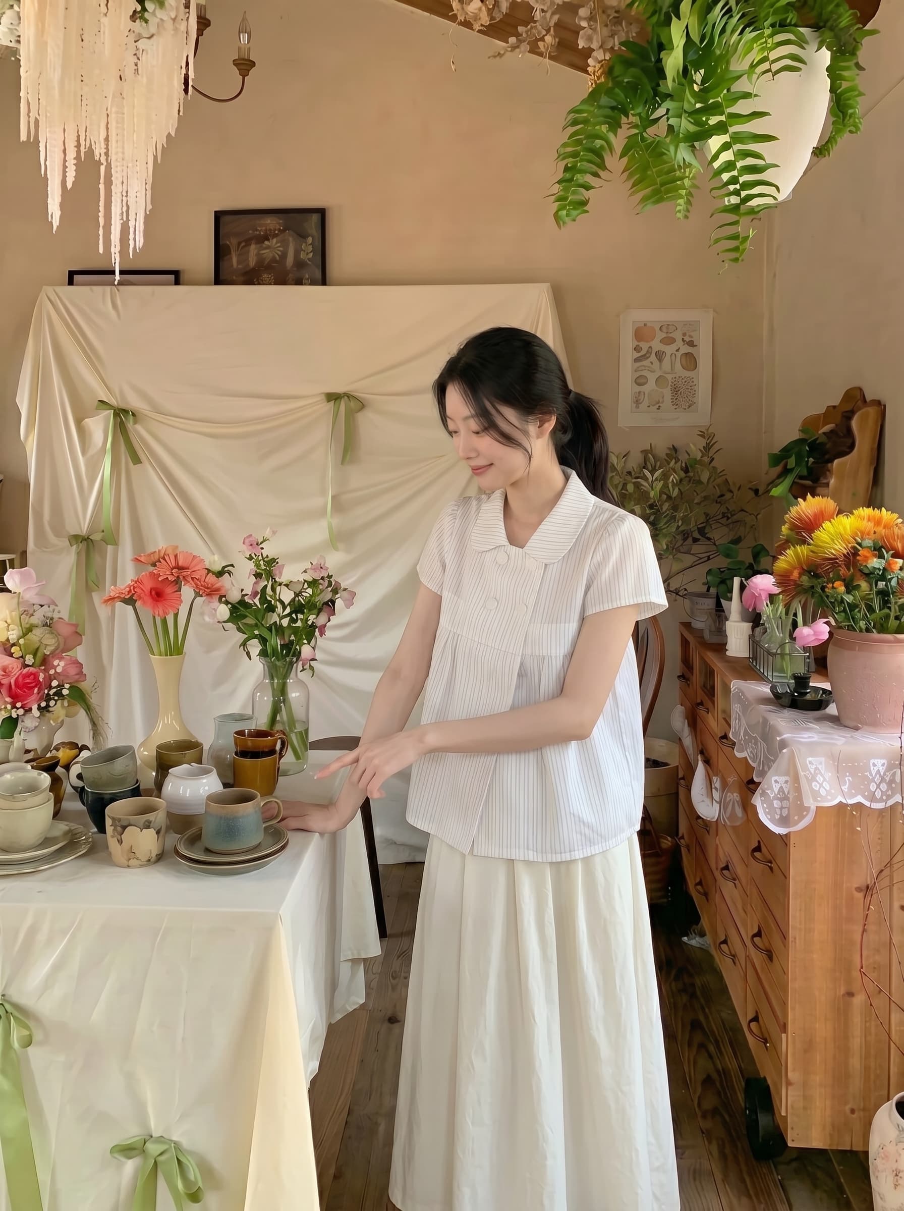 실사 정가 화이트 스트라이프 반팔 여성 셔츠 여름 새로운 문예 레트로 작은 키 이중 버튼 맨위 상세 이미지 5
