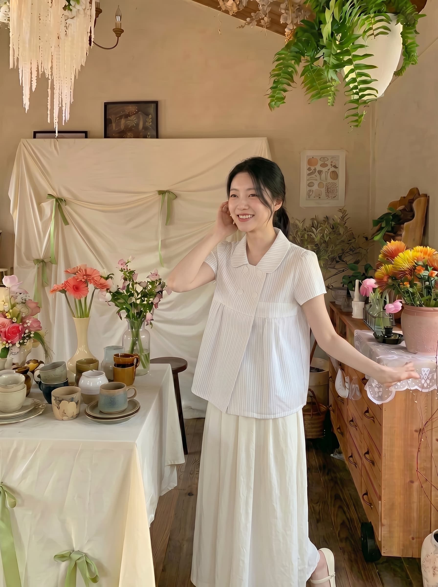 실사 정가 화이트 스트라이프 반팔 여성 셔츠 여름 새로운 문예 레트로 작은 키 이중 버튼 맨위 상세 이미지 8
