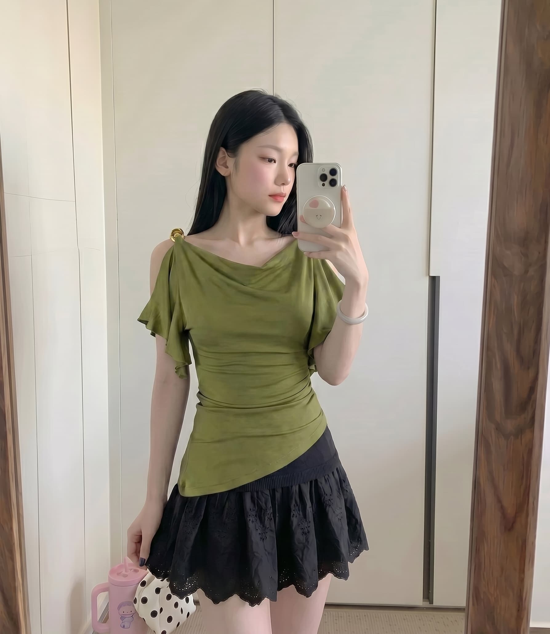 실사 정가 프랑스식 흔들다 칼라 가을 어깨 의류 여성 오프숄더 프릴 티셔츠 이미지 2