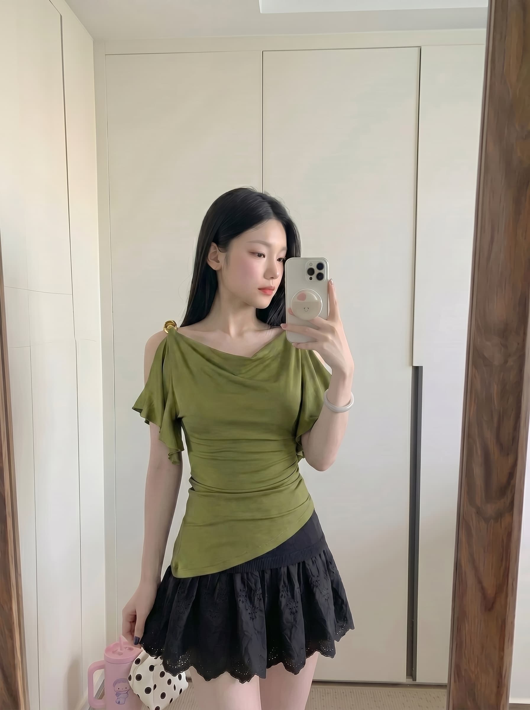 실사 정가 프랑스식 흔들다 칼라 가을 어깨 의류 여성 오프숄더 프릴 티셔츠 상세 이미지 7