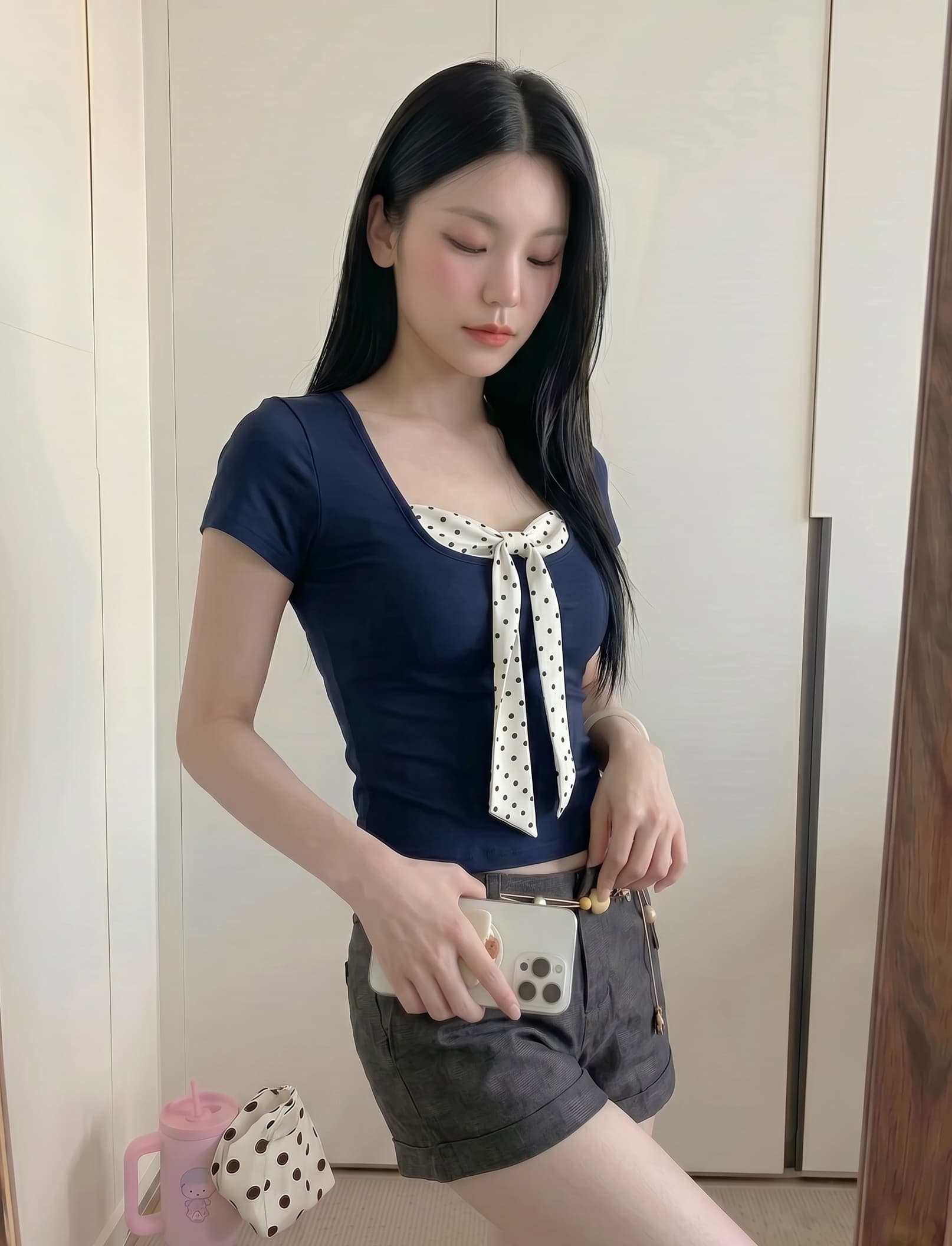 실사 정가 한 스타일 도트 무늬 페이크 레이어드 반팔 티셔츠 여성 여름 나비 넥타이 디자인 센스 다용도 맨위 이미지 4