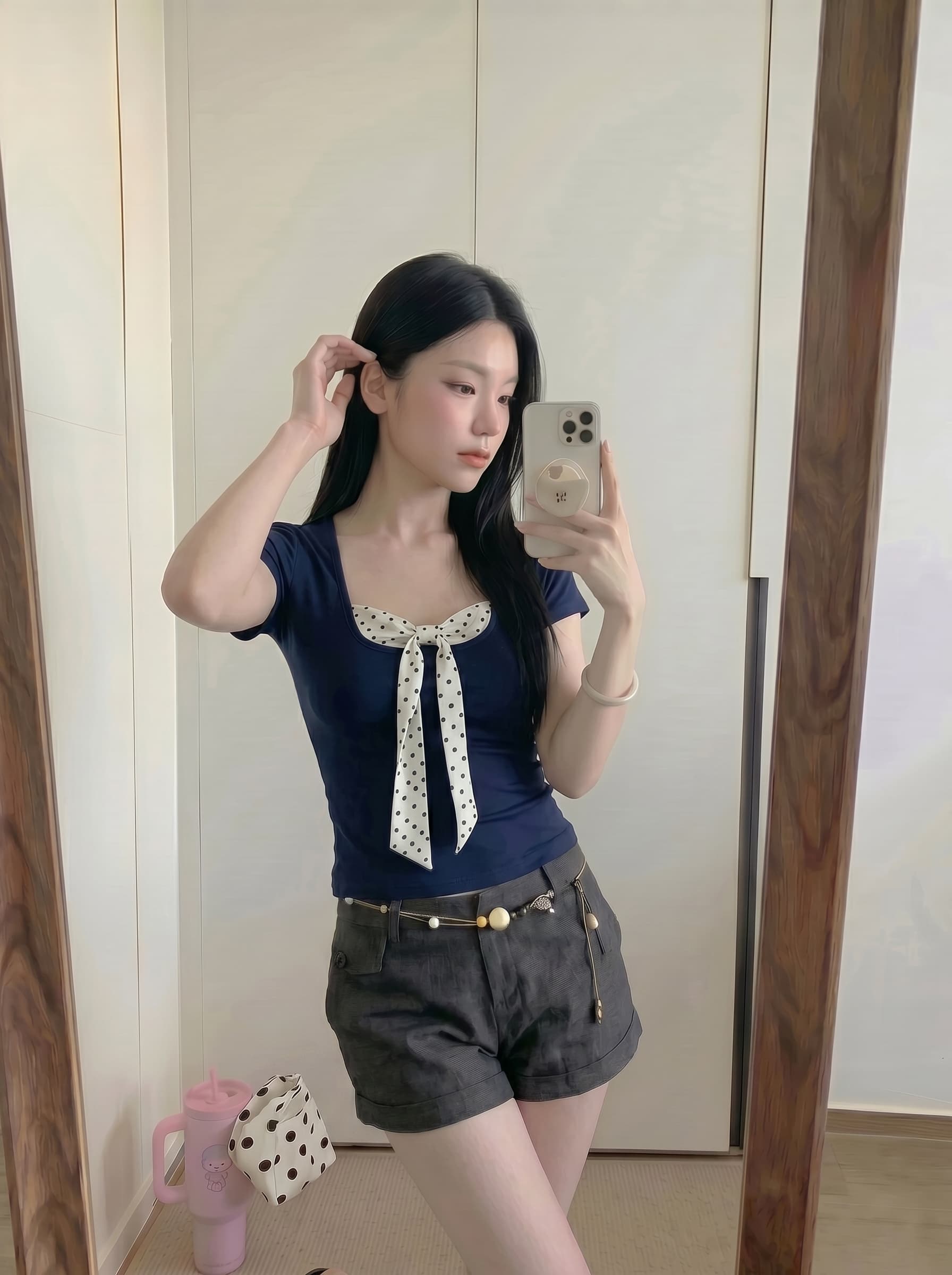 실사 정가 한 스타일 도트 무늬 페이크 레이어드 반팔 티셔츠 여성 여름 나비 넥타이 디자인 센스 다용도 맨위 상세 이미지 2