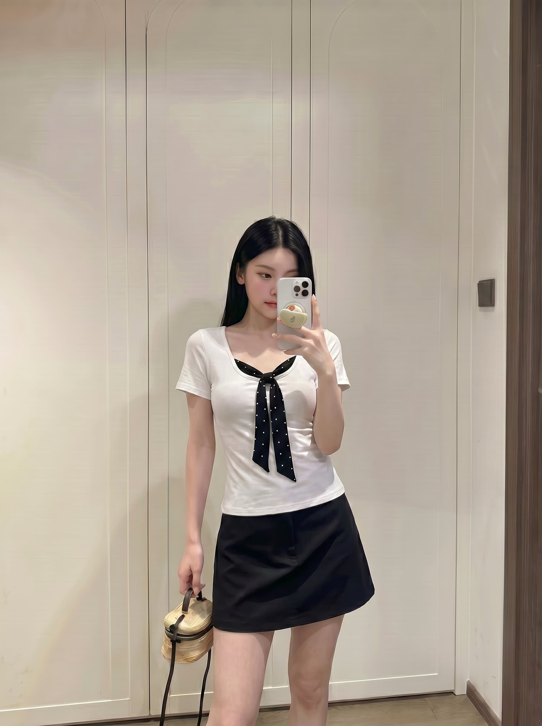 실사 정가 한 스타일 도트 무늬 페이크 레이어드 반팔 티셔츠 여성 여름 나비 넥타이 디자인 센스 다용도 맨위 상세 이미지 5