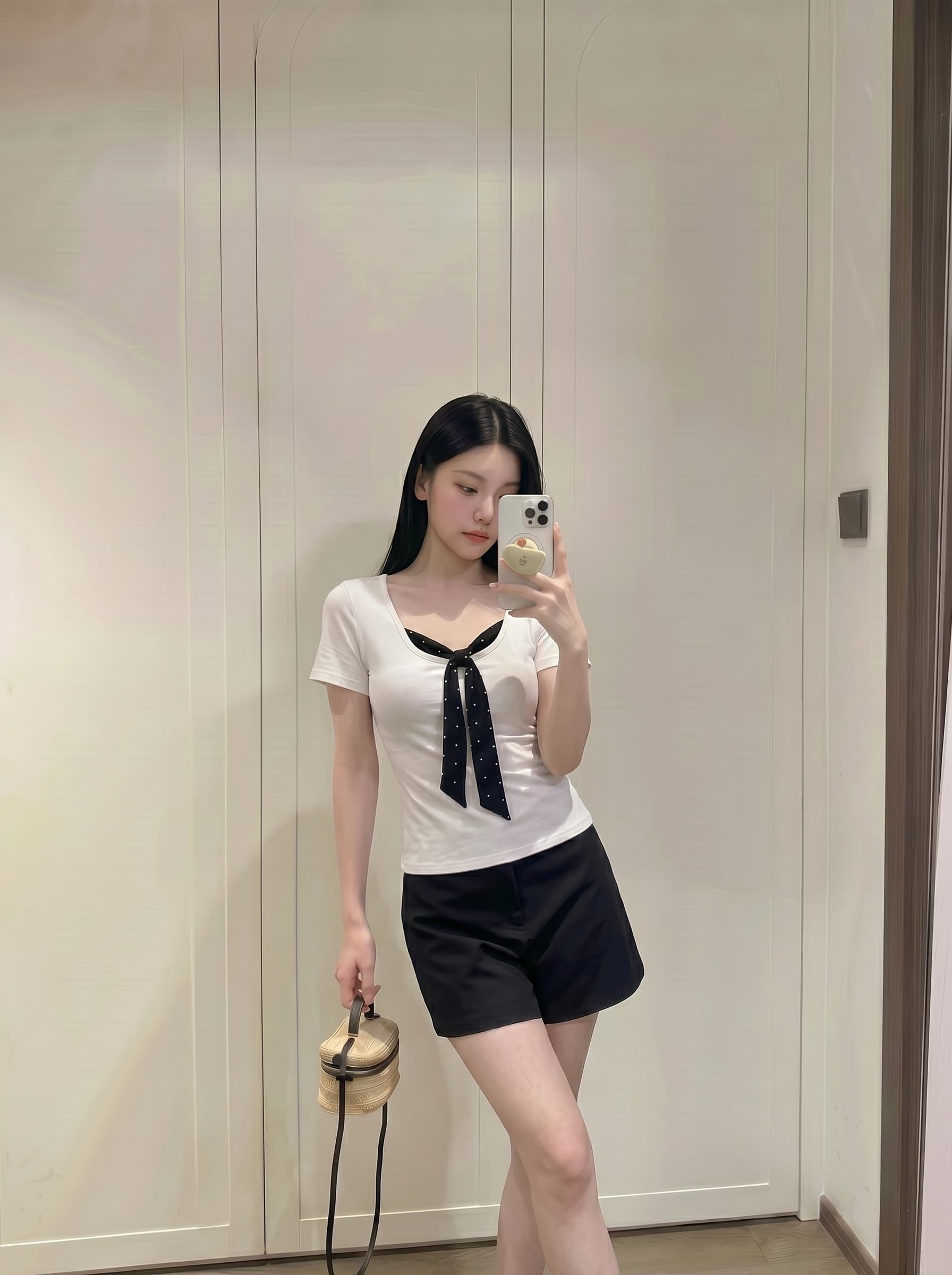 실사 정가 한 스타일 도트 무늬 페이크 레이어드 반팔 티셔츠 여성 여름 나비 넥타이 디자인 센스 다용도 맨위 상세 이미지 6
