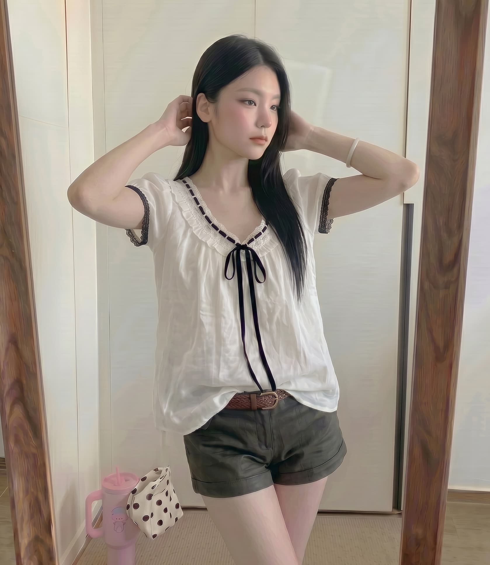 실사 정가 배색 레이스업 펌프 칼라 여름 여성 작은 셔츠 여성 이미지 2