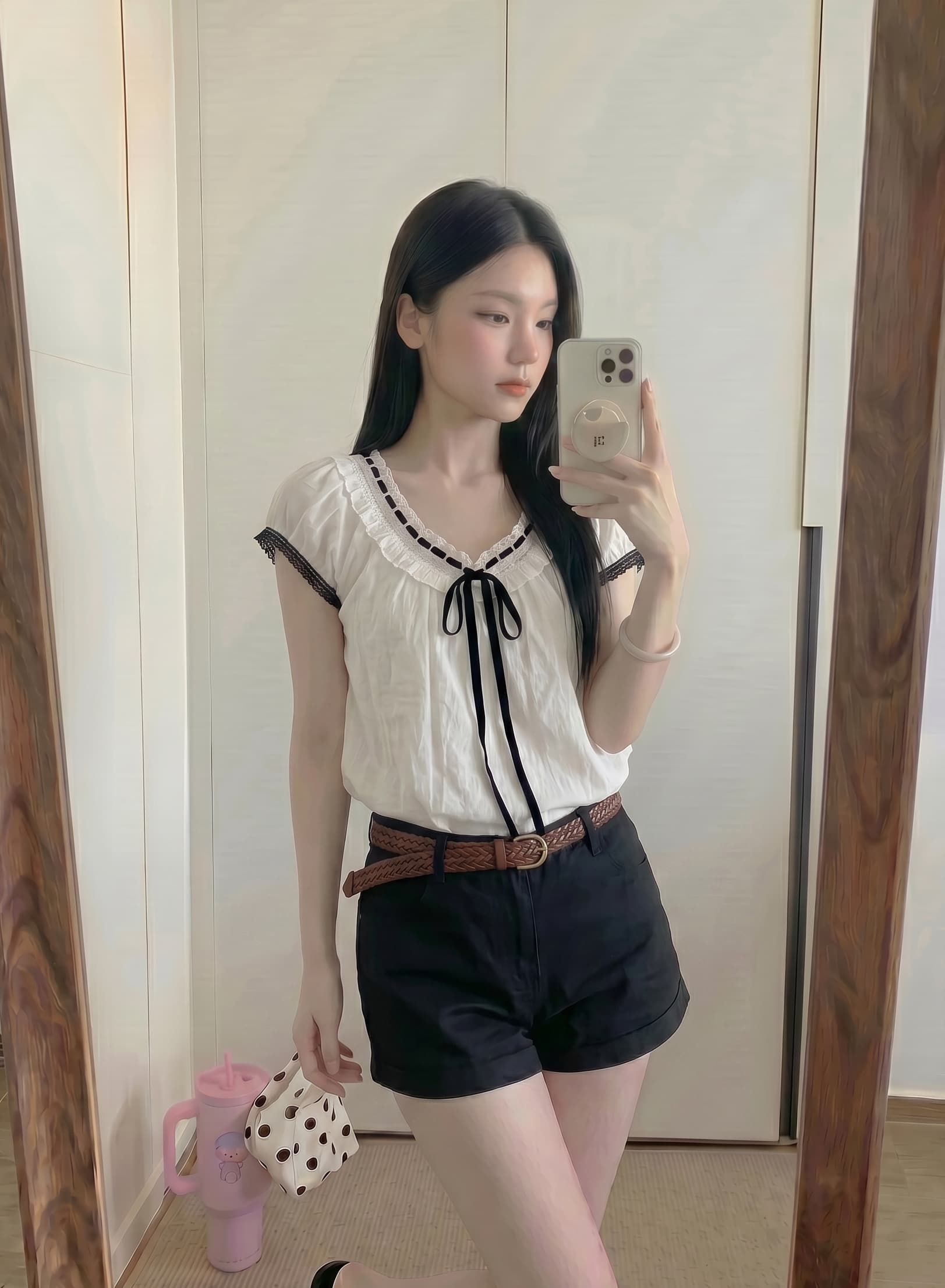 실사 정가 배색 레이스업 펌프 칼라 여름 여성 작은 셔츠 여성 이미지 3