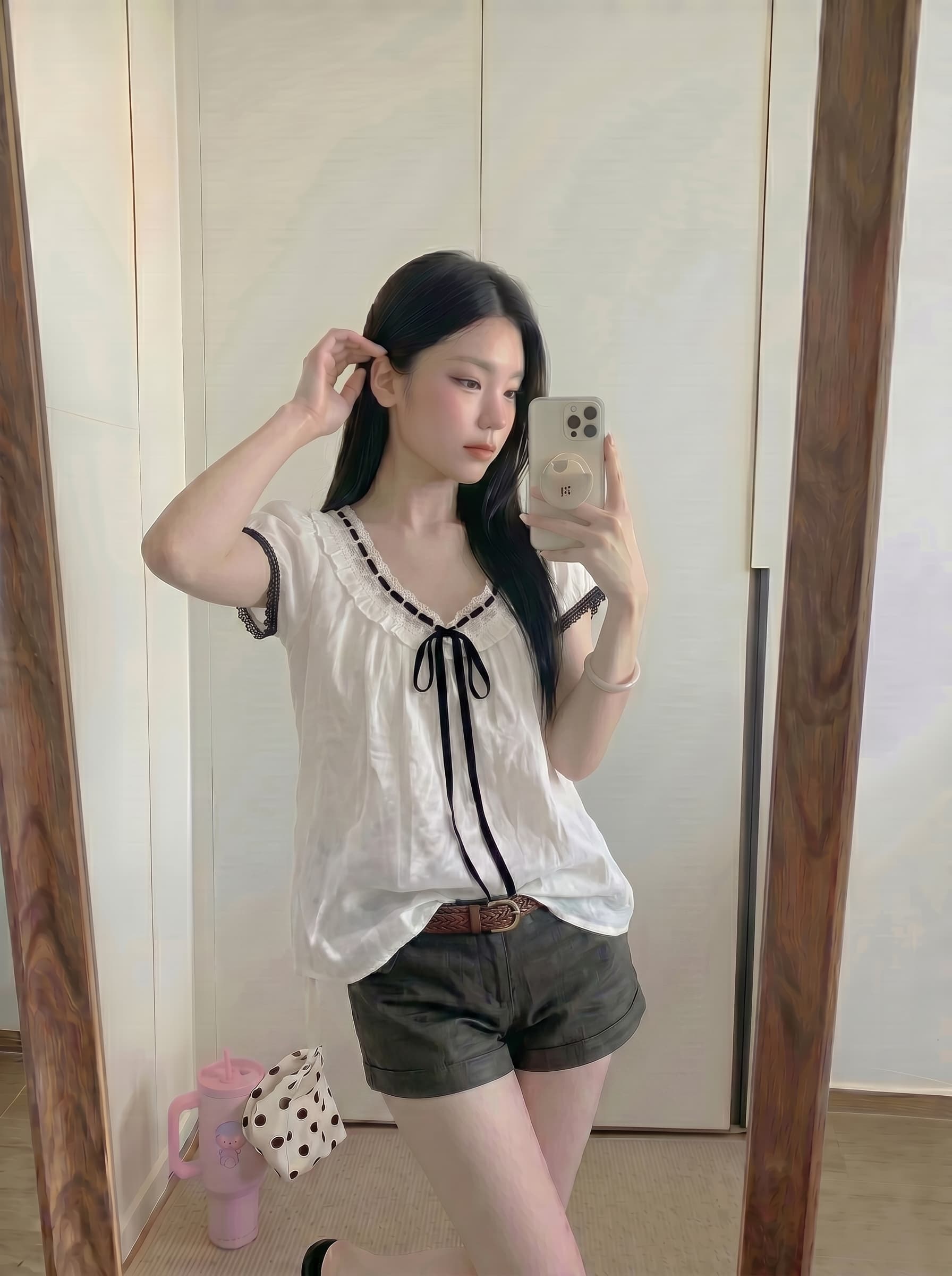 실사 정가 배색 레이스업 펌프 칼라 여름 여성 작은 셔츠 여성 상세 이미지 1