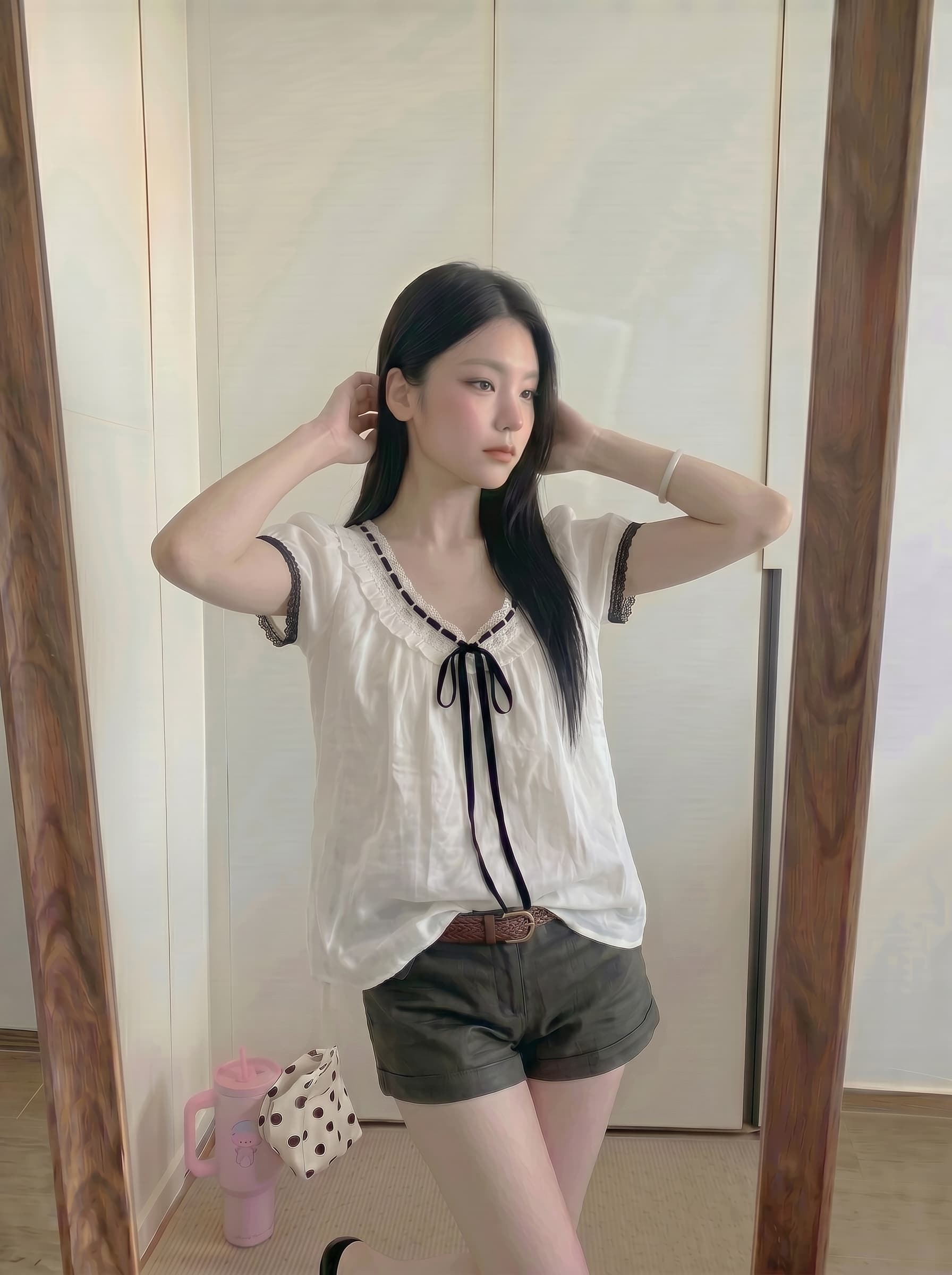 실사 정가 배색 레이스업 펌프 칼라 여름 여성 작은 셔츠 여성 상세 이미지 2