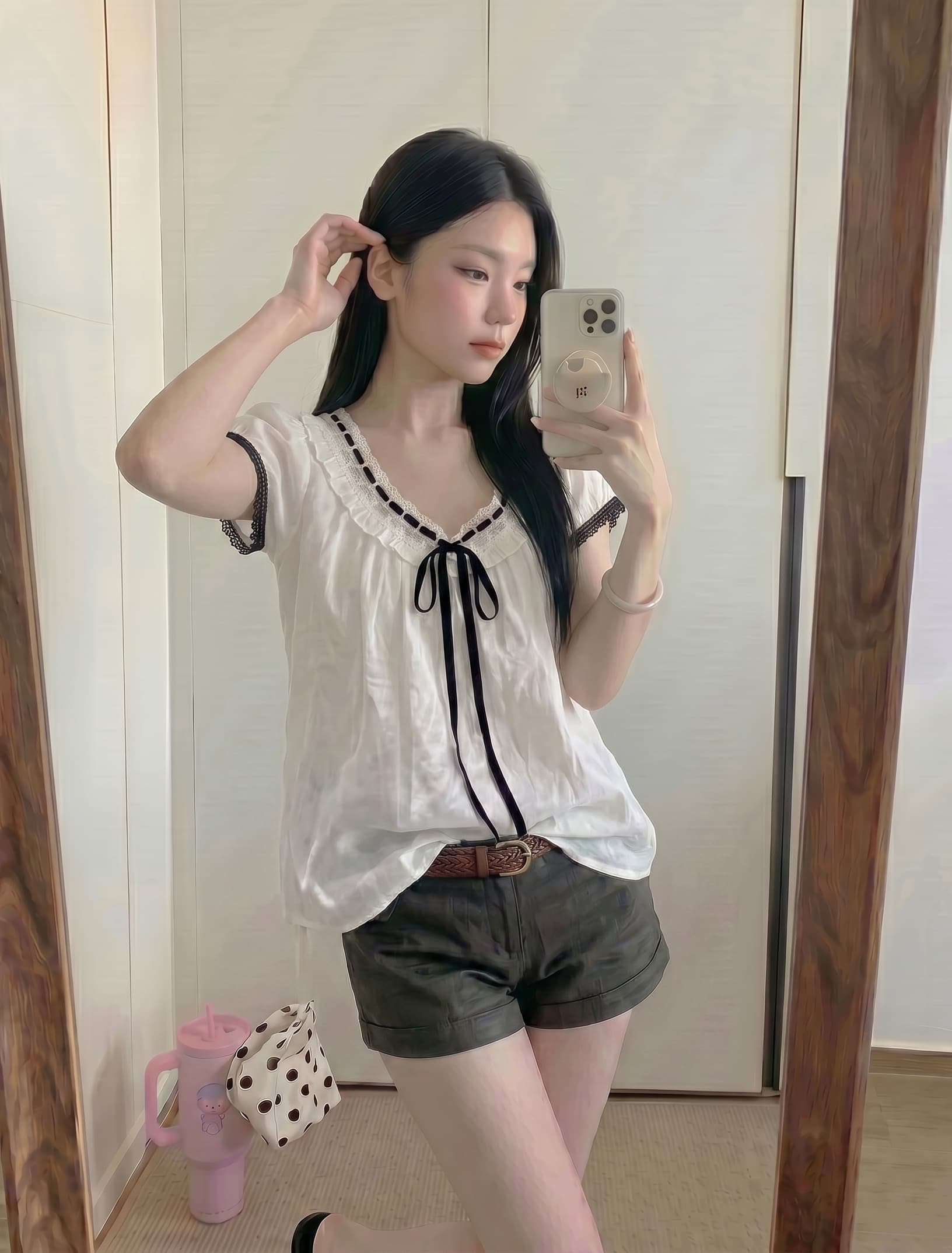 실사 정가 배색 레이스업 펌프 칼라 여름 여성 작은 셔츠 여성 상세 이미지 5