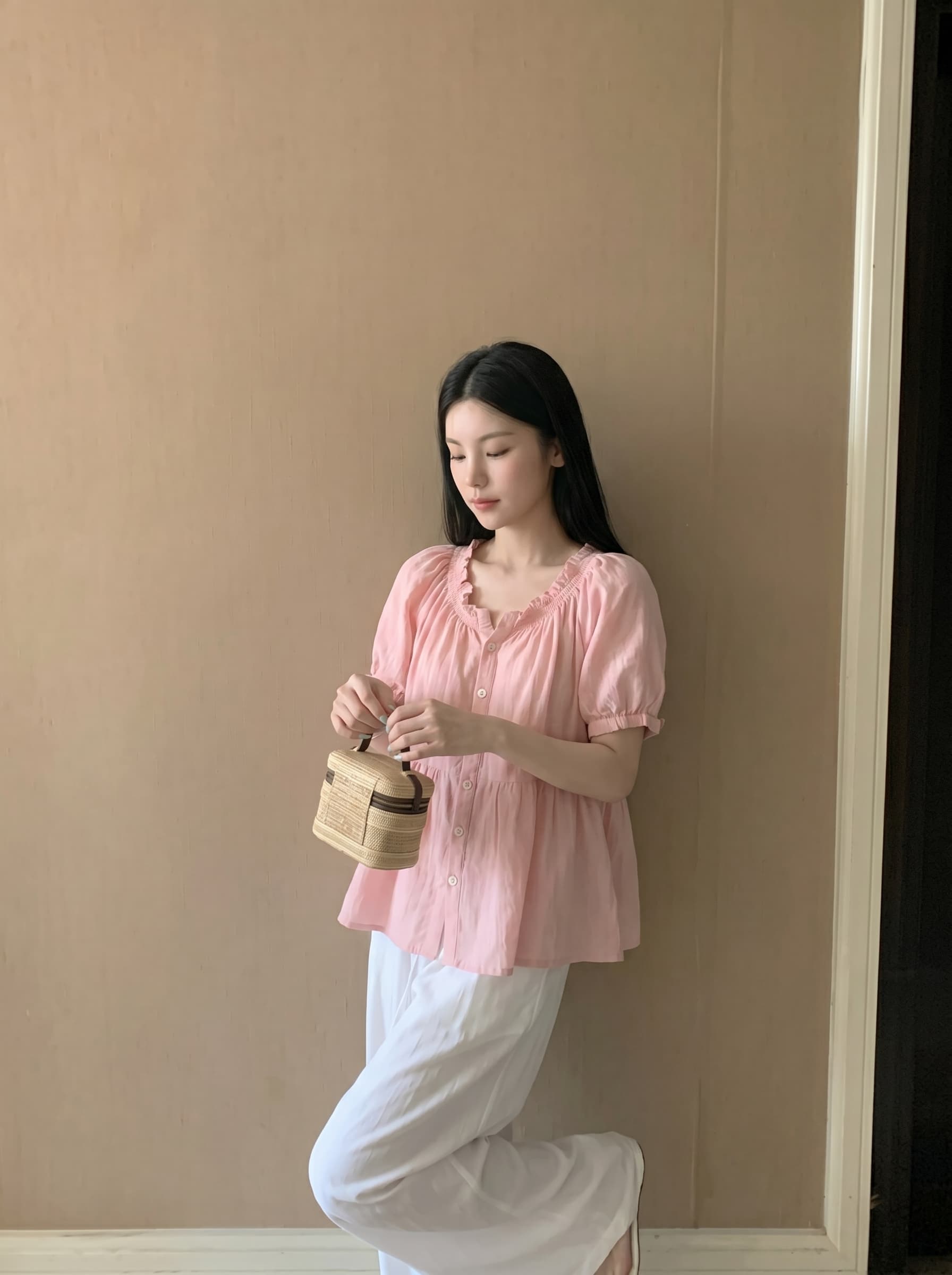 실사 정가 한 부서 덜 여자 서쪽 포 멜로 분말 레이스 거품 소매 인형 셔츠 연령 감소 달콤함 반팔 셔츠 상세 이미지 5