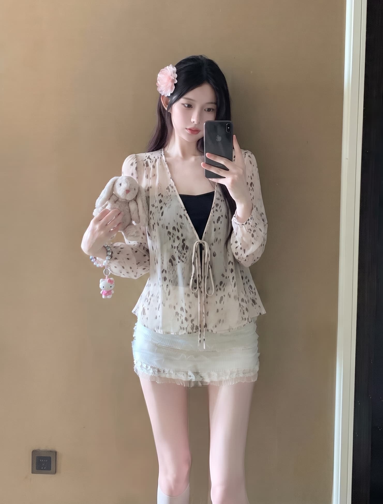 실사 정가 여름 와일드 상황 레오파드 무늬 V넥 긴팔 쉬폰 블라우스 나만의 것을 가져와 라. 가슴 패드 캐미솔 투피스 슈트 이미지 3