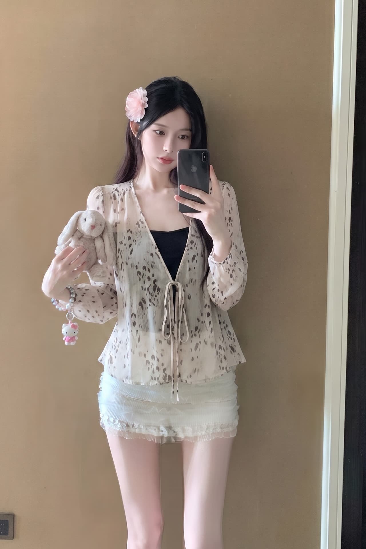 실사 정가 여름 와일드 상황 레오파드 무늬 V넥 긴팔 쉬폰 블라우스 나만의 것을 가져와 라. 가슴 패드 캐미솔 투피스 슈트 이미지 5