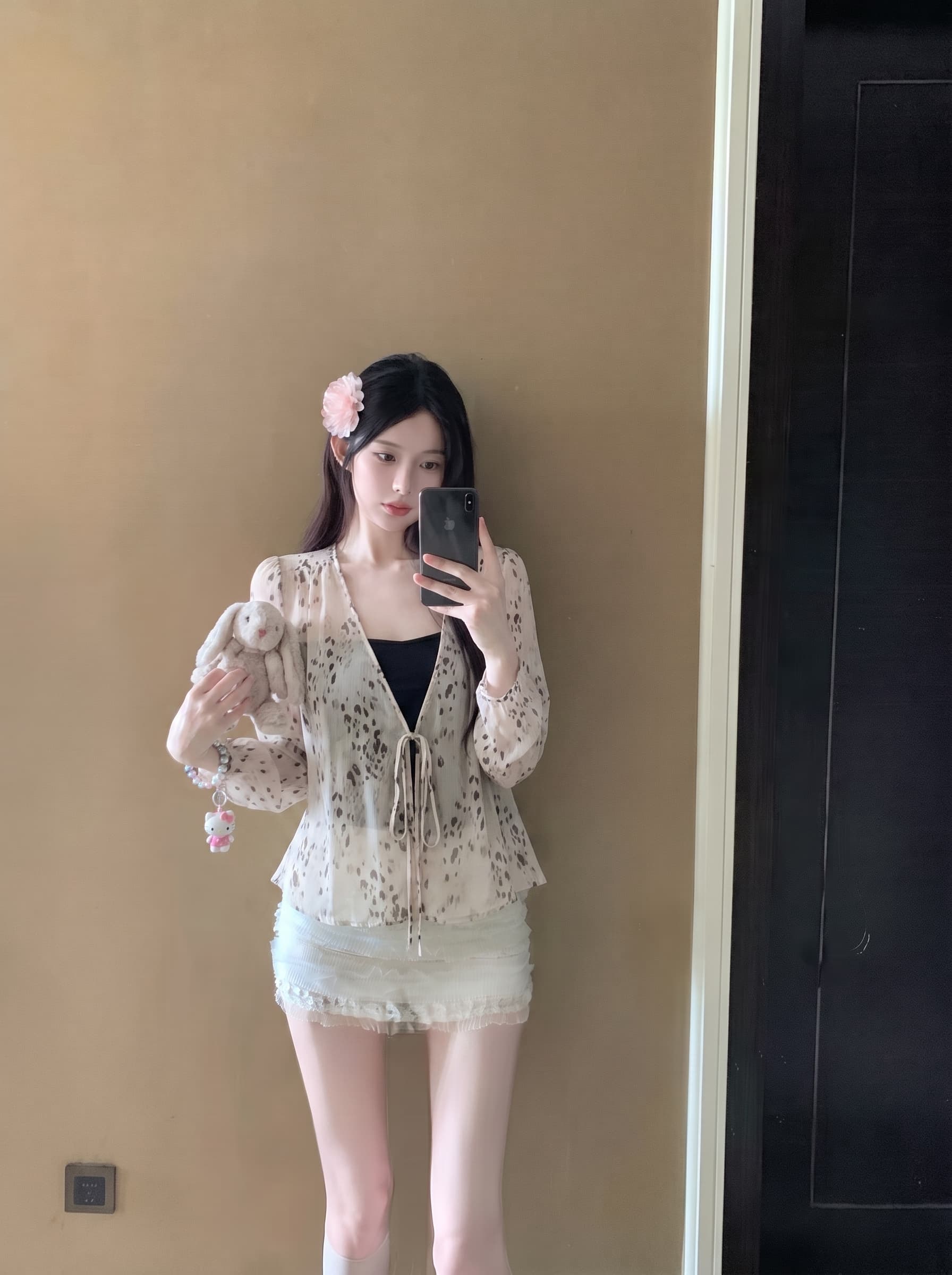 실사 정가 여름 와일드 상황 레오파드 무늬 V넥 긴팔 쉬폰 블라우스 나만의 것을 가져와 라. 가슴 패드 캐미솔 투피스 슈트 상세 이미지 1