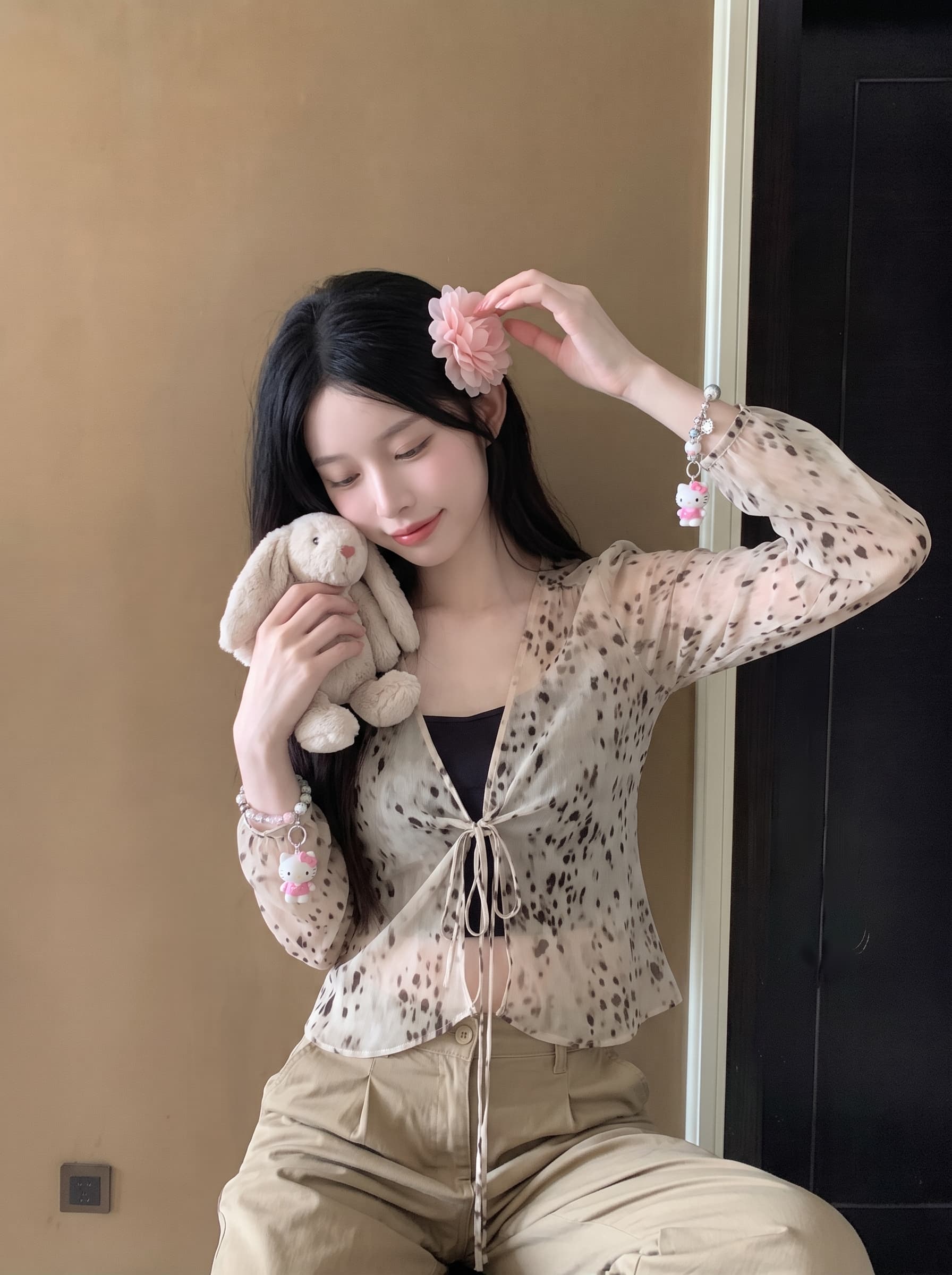 실사 정가 여름 와일드 상황 레오파드 무늬 V넥 긴팔 쉬폰 블라우스 나만의 것을 가져와 라. 가슴 패드 캐미솔 투피스 슈트 상세 이미지 4