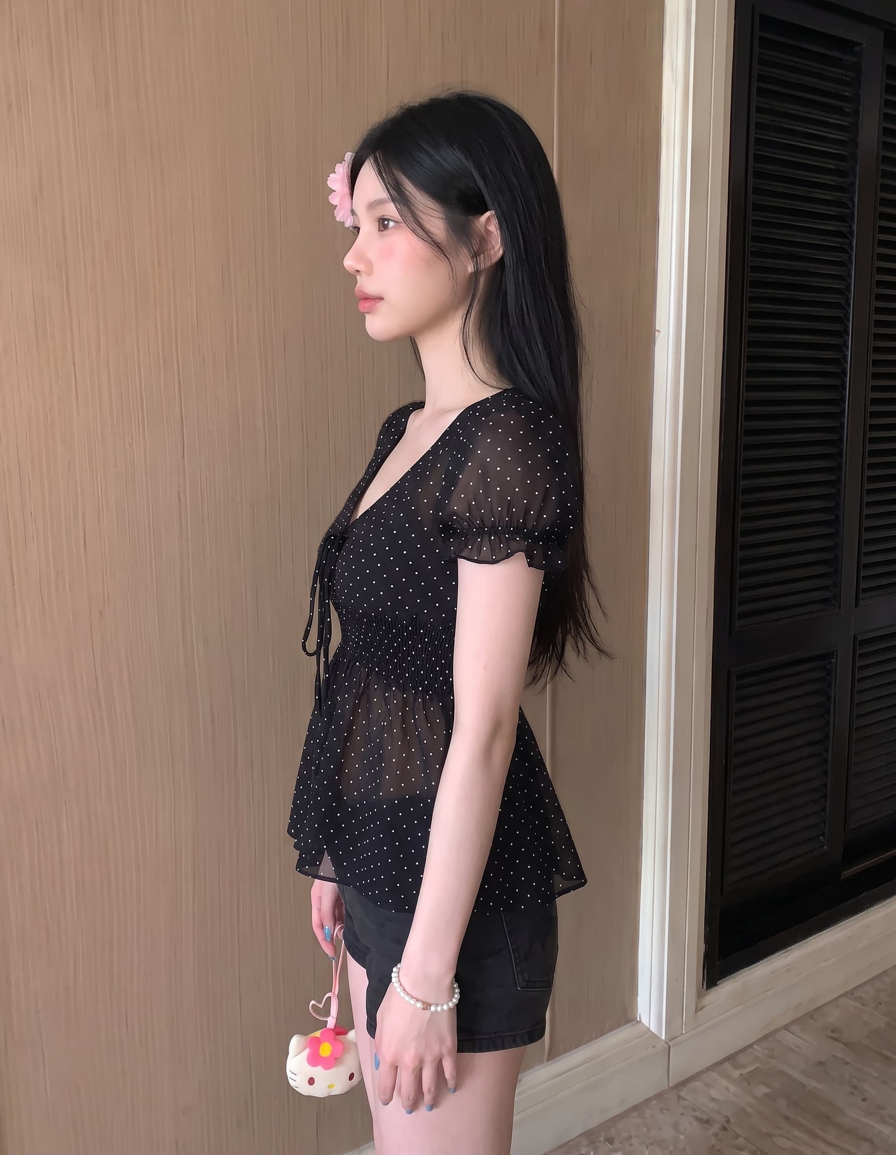 실사 정가 레트로 작은 도트 무늬 하이웨이스트 명중 가져 가라. 가벼움 고대 조기 맛 작은 셔츠 여성 이미지 4