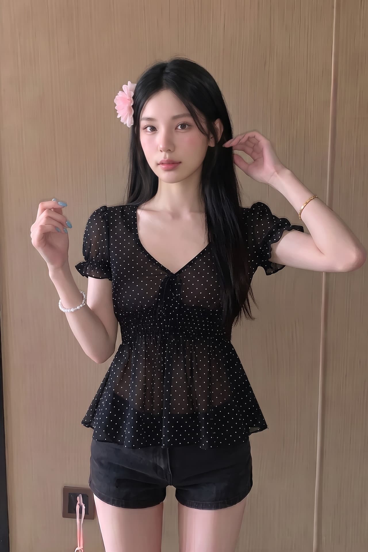 실사 정가 레트로 작은 도트 무늬 하이웨이스트 명중 가져 가라. 가벼움 고대 조기 맛 작은 셔츠 여성 이미지 5