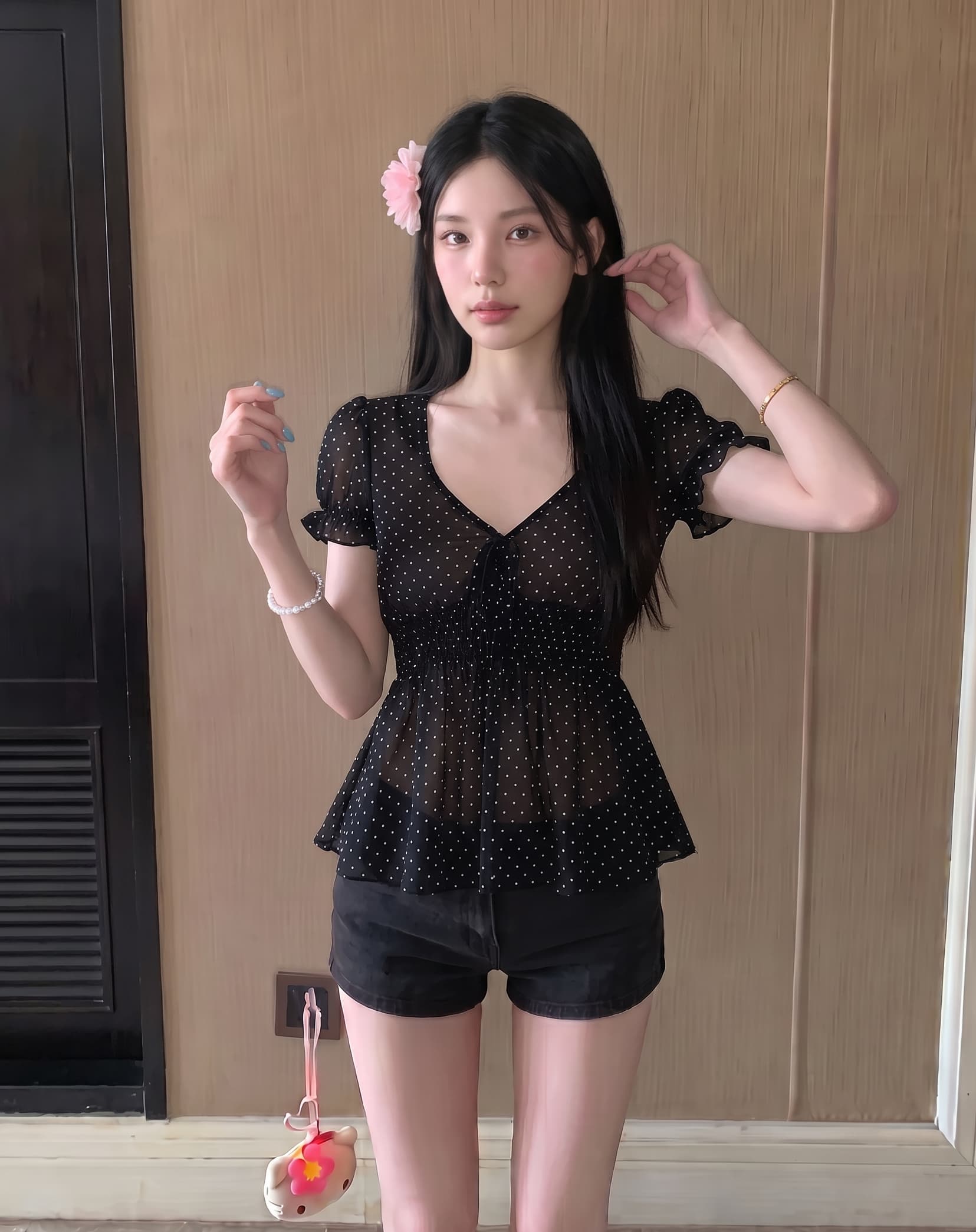 실사 정가 레트로 작은 도트 무늬 하이웨이스트 명중 가져 가라. 가벼움 고대 조기 맛 작은 셔츠 여성 상세 이미지 5