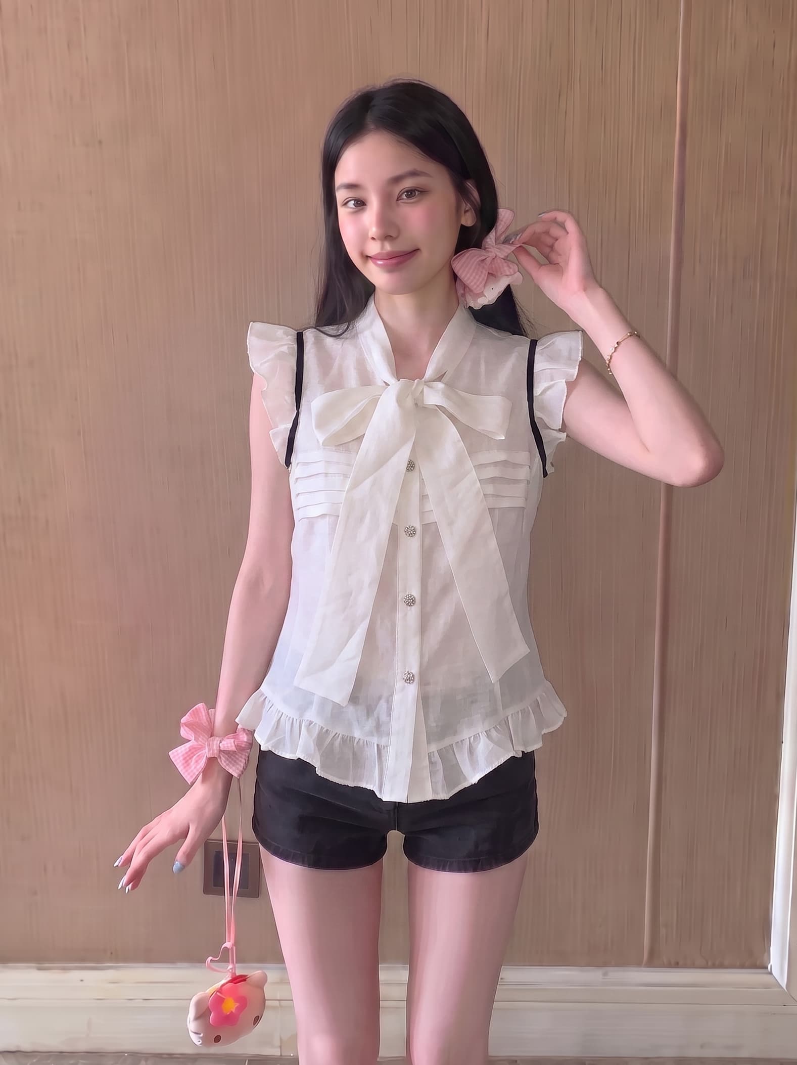 실사 정가 나비 넥타이 작은 날다 소매 여성 셔츠 여름 이미지 3