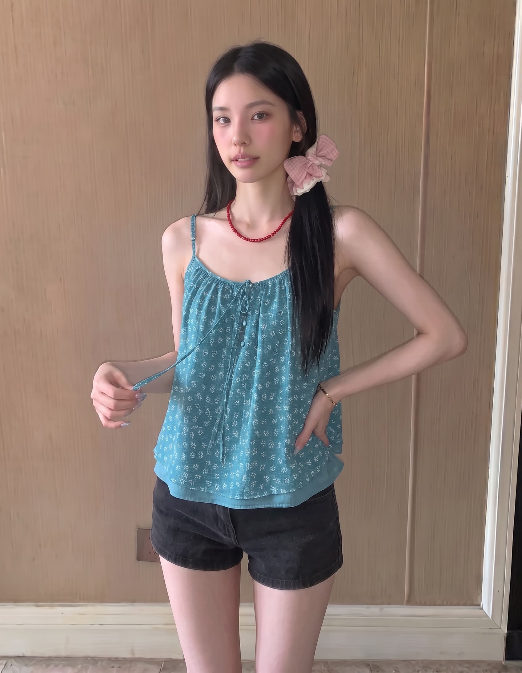 실사 정가 한 부서 고대 조기 분위기 이중층 페이크 레이어드 레이스업 슬립 여름 여성 루즈핏 꽃무늬 분위기 작은 셔츠