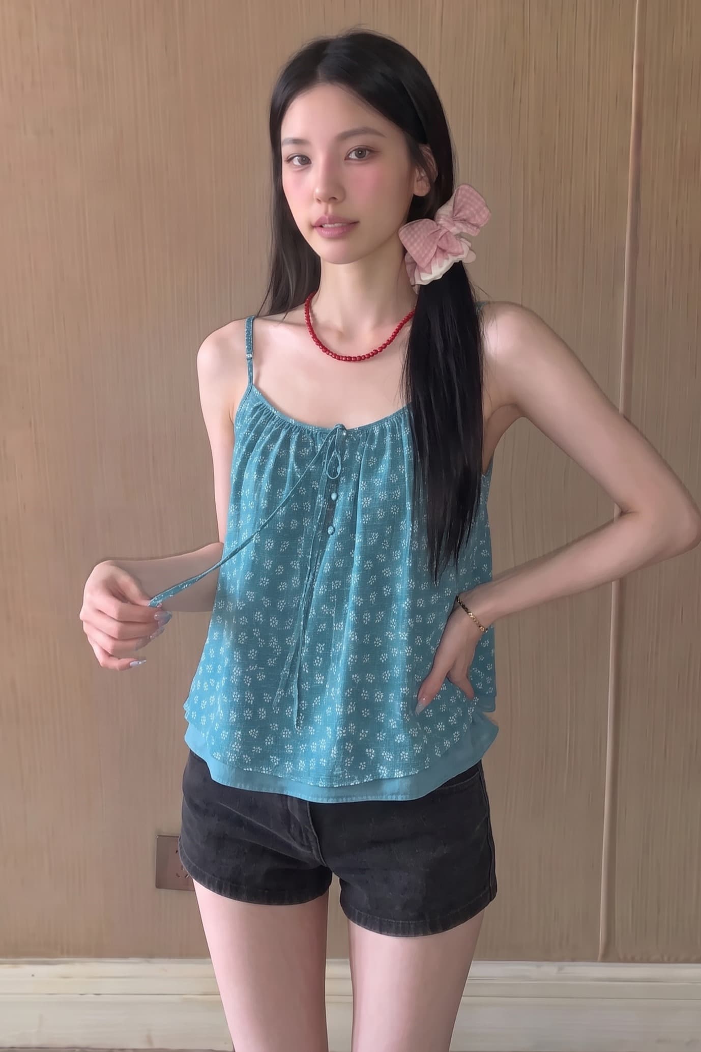 실사 정가 한 부서 고대 조기 분위기 이중층 페이크 레이어드 레이스업 슬립 여름 여성 루즈핏 꽃무늬 분위기 작은 셔츠 이미지 5