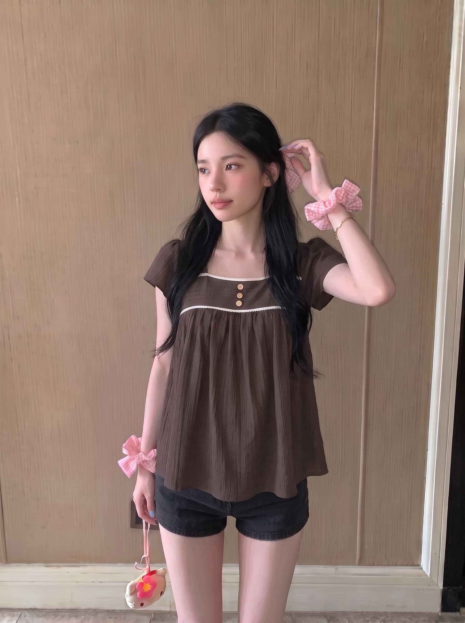 실사 정가 고대 조기 센 부서 나무 버클 레이스 패치워크 질감 센스 반팔 맨위 상세 이미지 3