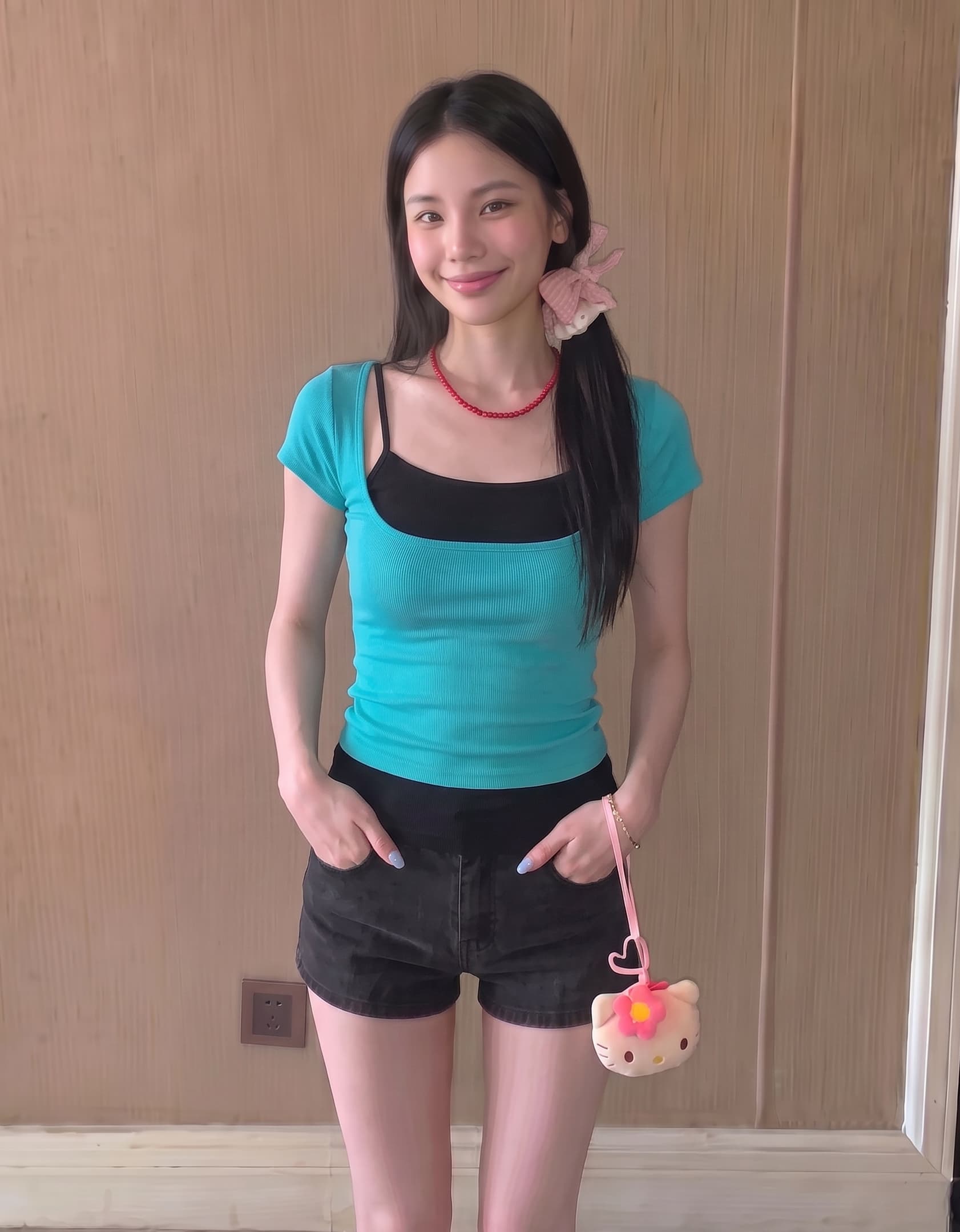 실사 정가 배색 몸매 가꾸기 u 칼라 허리 수축 반팔 티셔츠 여성 한 핫걸 슬림해 보이는 슬립 맨위 사실 두 조각 이미지 3