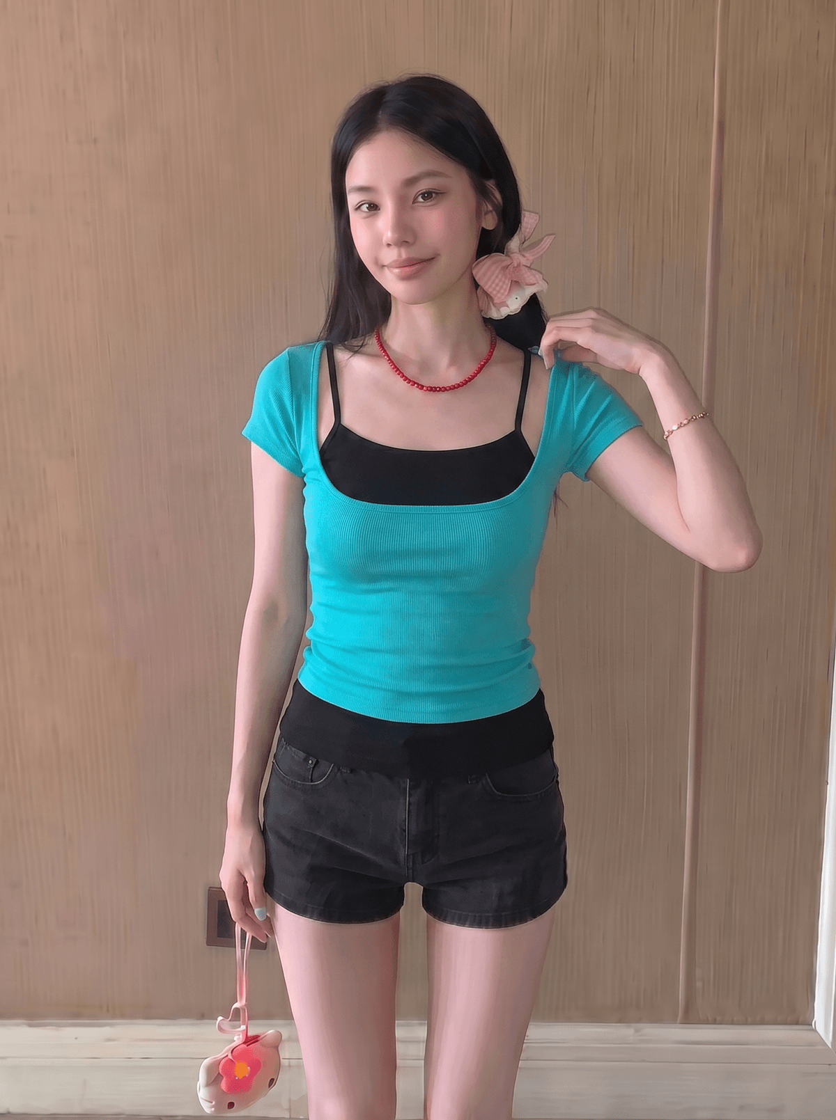 실사 정가 배색 몸매 가꾸기 u 칼라 허리 수축 반팔 티셔츠 여성 한 핫걸 슬림해 보이는 슬립 맨위 사실 두 조각 이미지 4