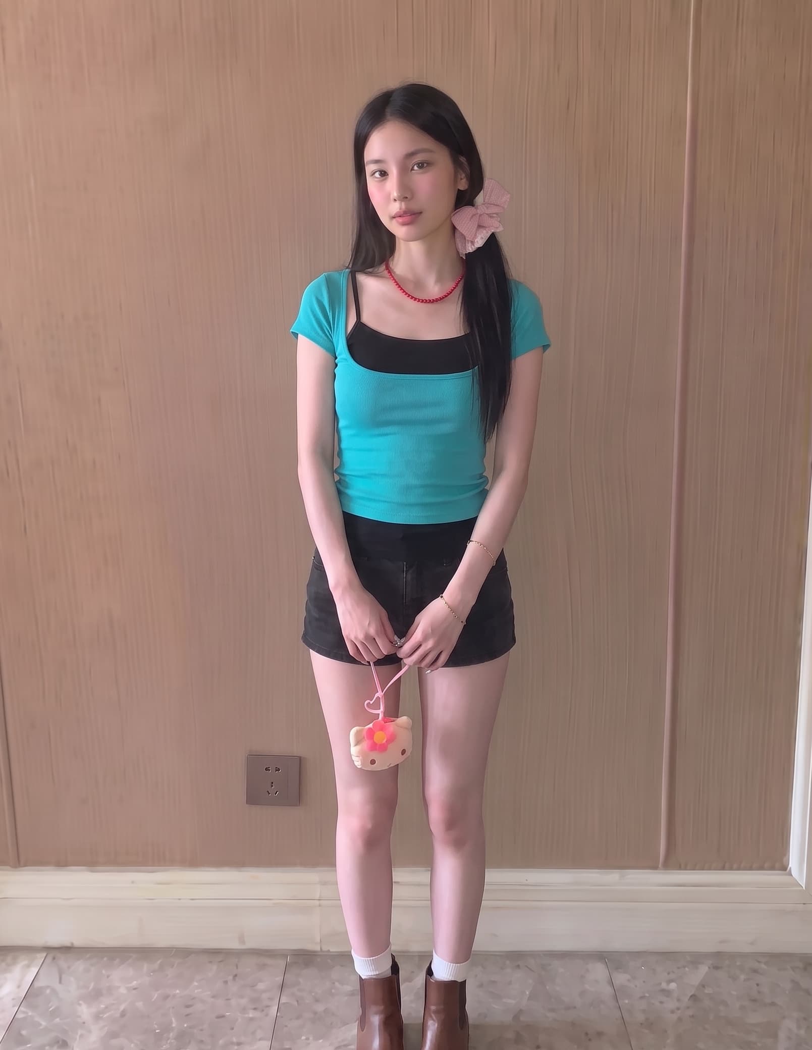 실사 정가 배색 몸매 가꾸기 u 칼라 허리 수축 반팔 티셔츠 여성 한 핫걸 슬림해 보이는 슬립 맨위 사실 두 조각 상세 이미지 6