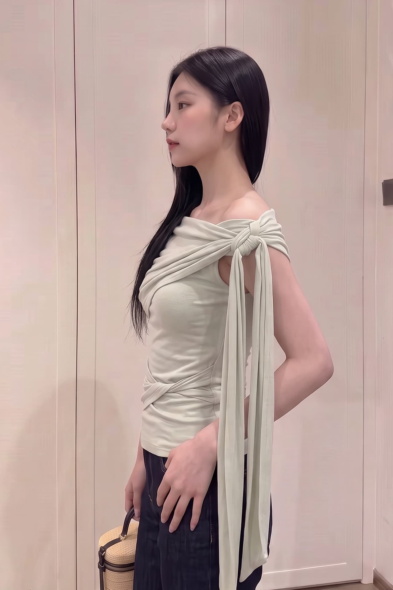 실사 정가 비스듬한 어깨 리본 티셔츠 여성 여름 한 부서 출퇴근 품격 몸매 가꾸기 슬림해 보이는 캐주얼 맨위 이미지 5