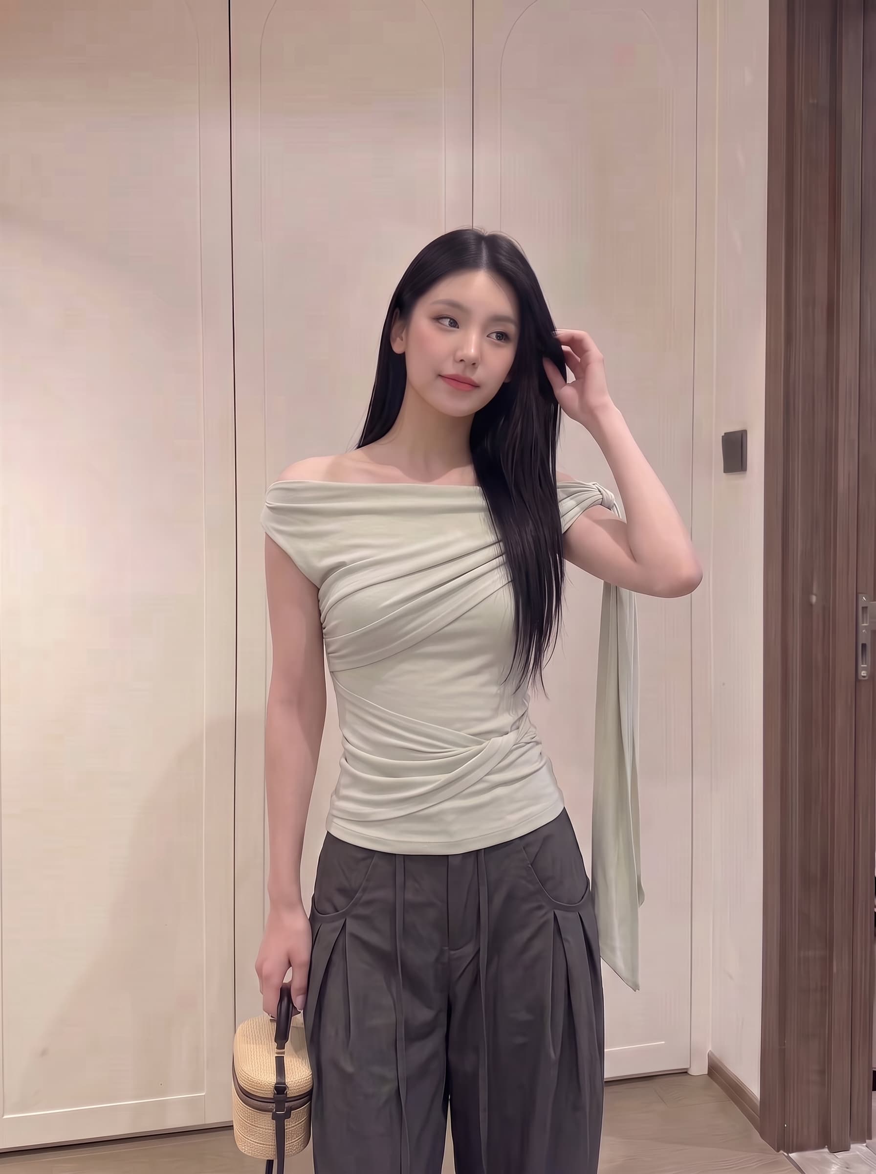 실사 정가 비스듬한 어깨 리본 티셔츠 여성 여름 한 부서 출퇴근 품격 몸매 가꾸기 슬림해 보이는 캐주얼 맨위 상세 이미지 5