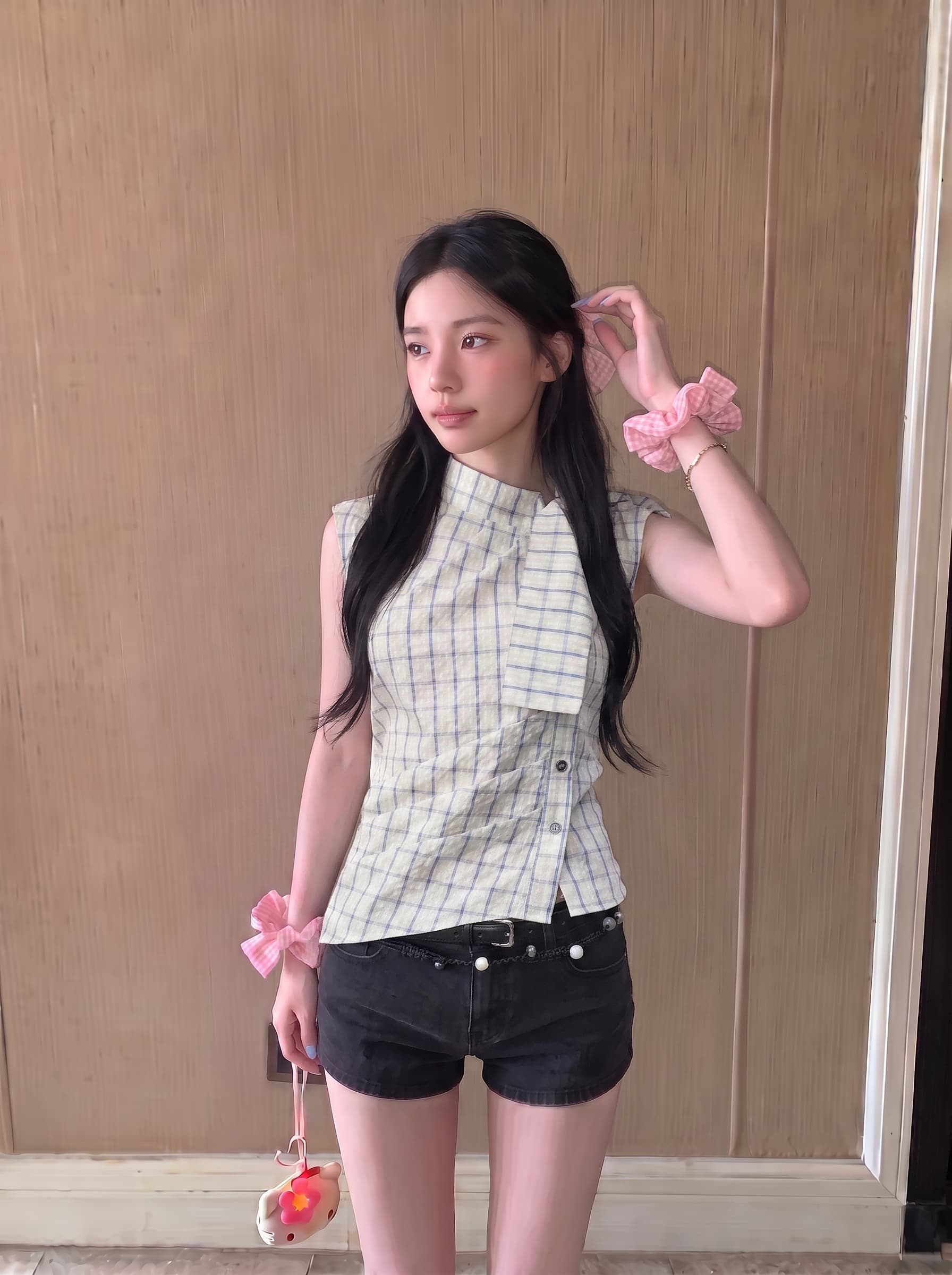 실사 정가 체크무늬 작은 터틀넥 레이스업 허리 수축 맨위 여성 새로운 슬림해 보이는 품격 다용도 셔츠 상세 이미지 1