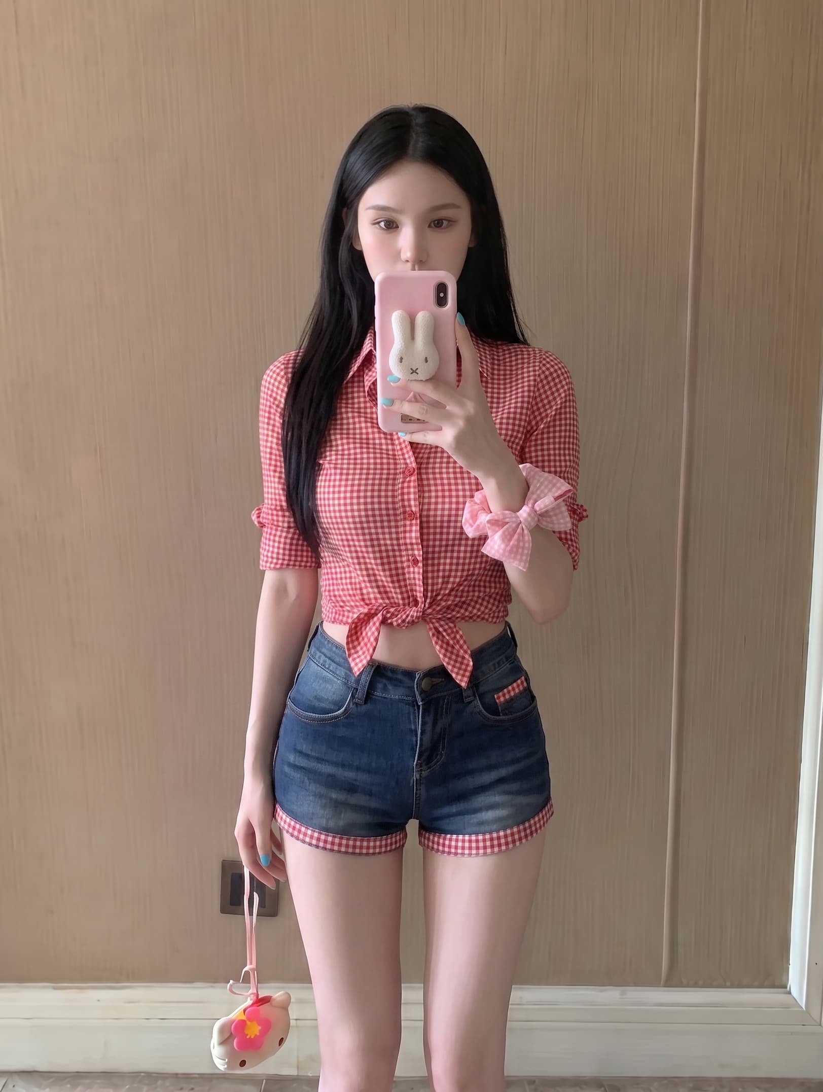 실사 정가 폴로 칼라 높음 폭탄 망사 체크무늬 단추 여성 셔츠 허리 수축 맨위 이미지 2