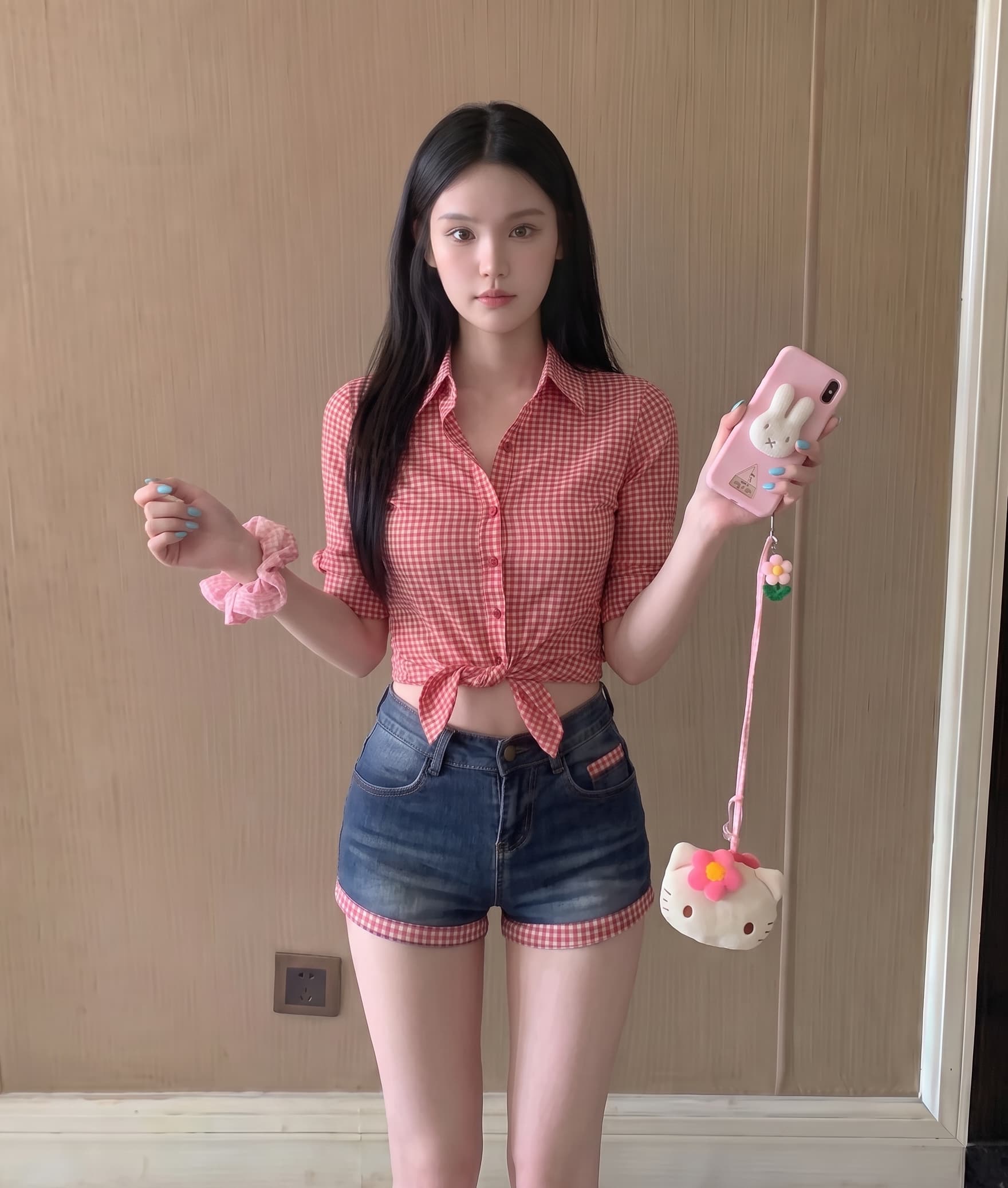 실사 정가 폴로 칼라 높음 폭탄 망사 체크무늬 단추 여성 셔츠 허리 수축 맨위 이미지 3
