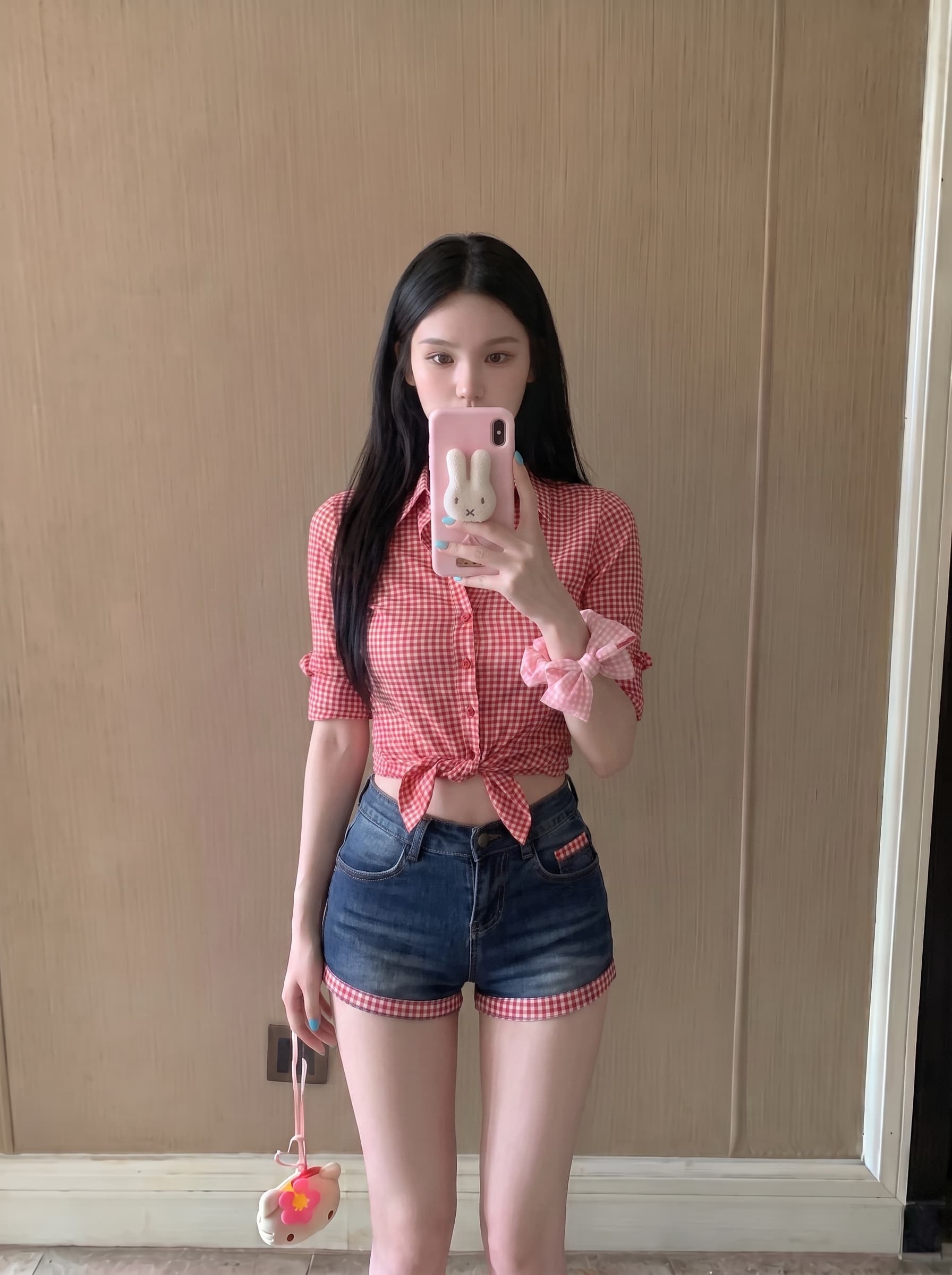 실사 정가 폴로 칼라 높음 폭탄 망사 체크무늬 단추 여성 셔츠 허리 수축 맨위 상세 이미지 1