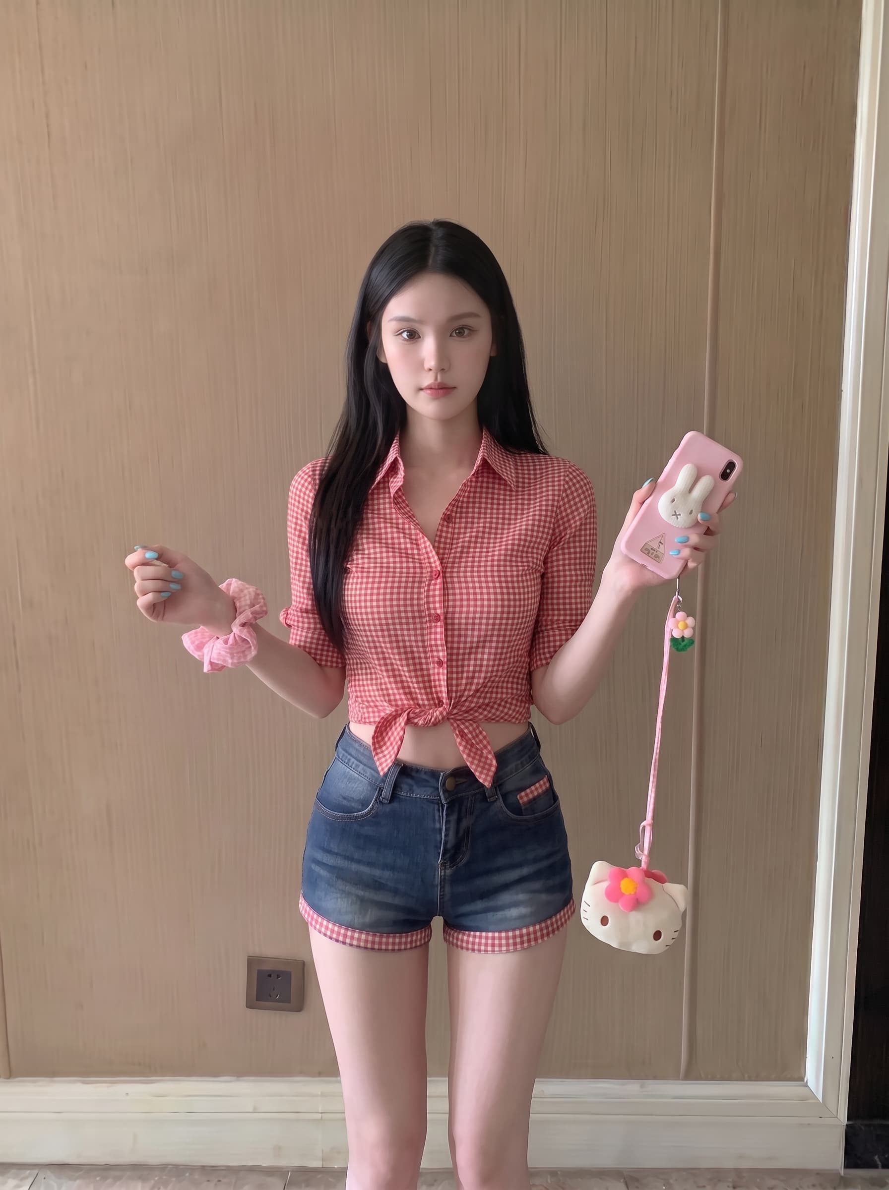 실사 정가 폴로 칼라 높음 폭탄 망사 체크무늬 단추 여성 셔츠 허리 수축 맨위 상세 이미지 2