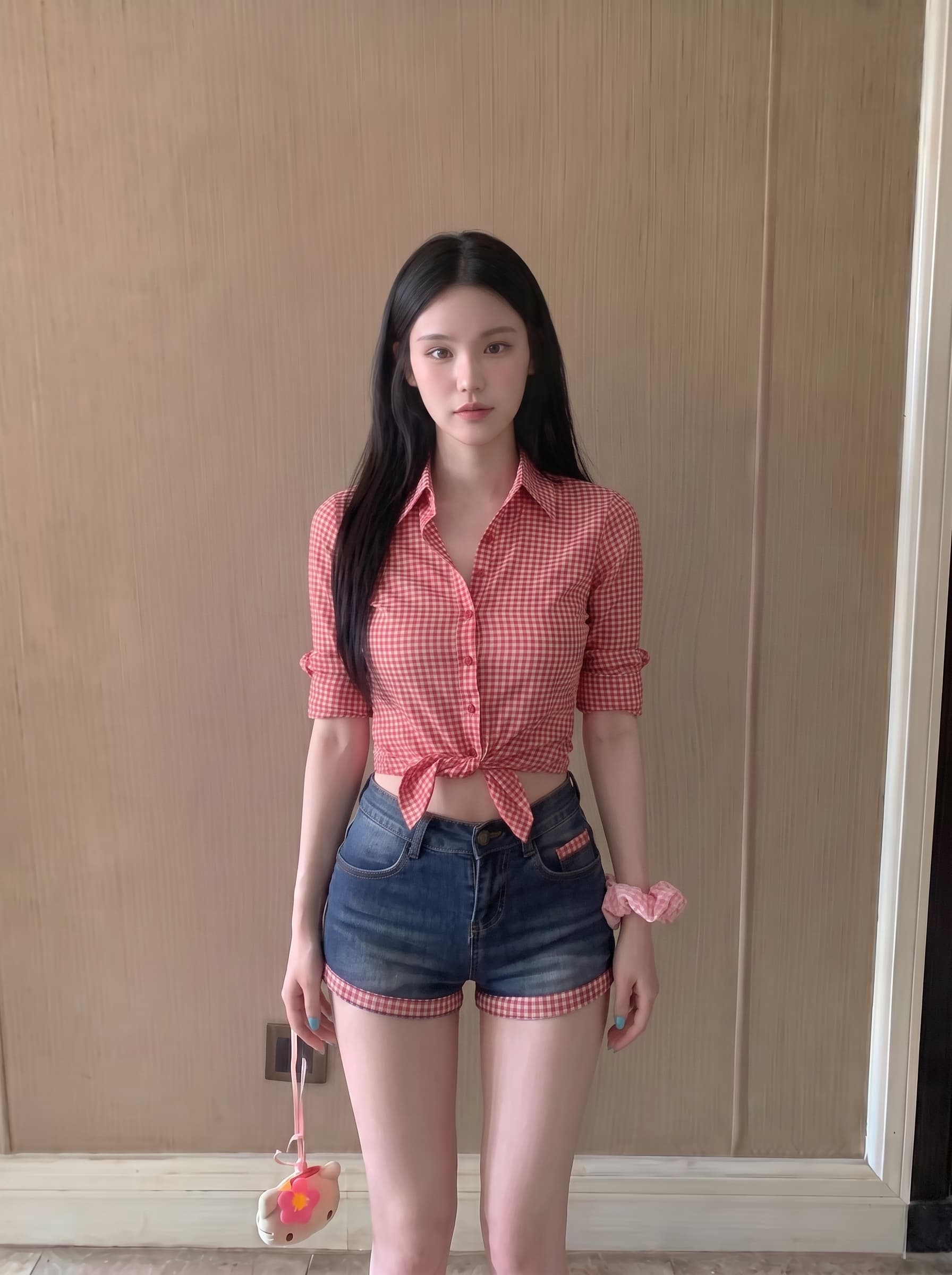 실사 정가 폴로 칼라 높음 폭탄 망사 체크무늬 단추 여성 셔츠 허리 수축 맨위 상세 이미지 3